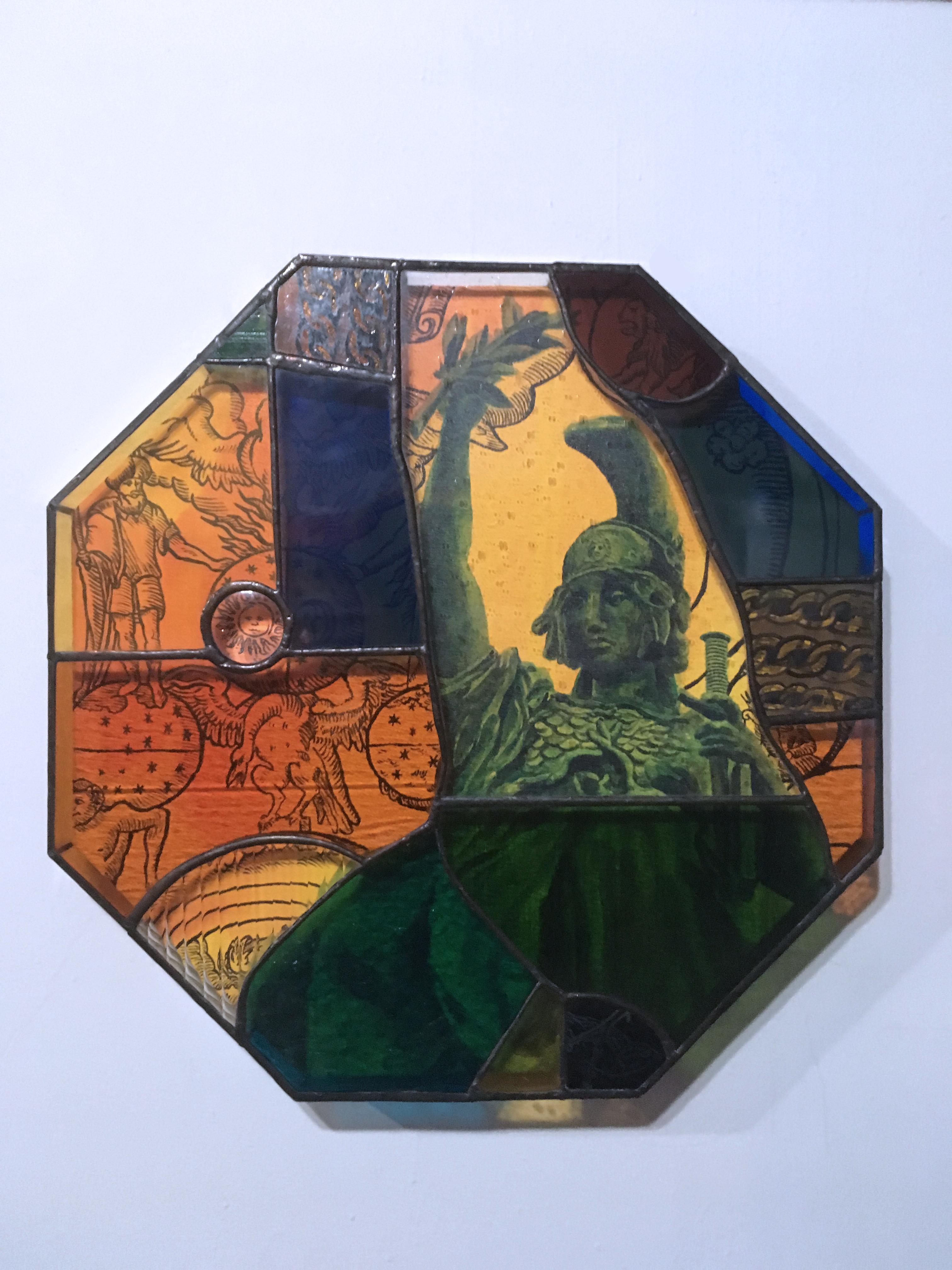 Earth People, 2020, stained glass, acrylic, canvas, octagon, statue, orange For Sale 5