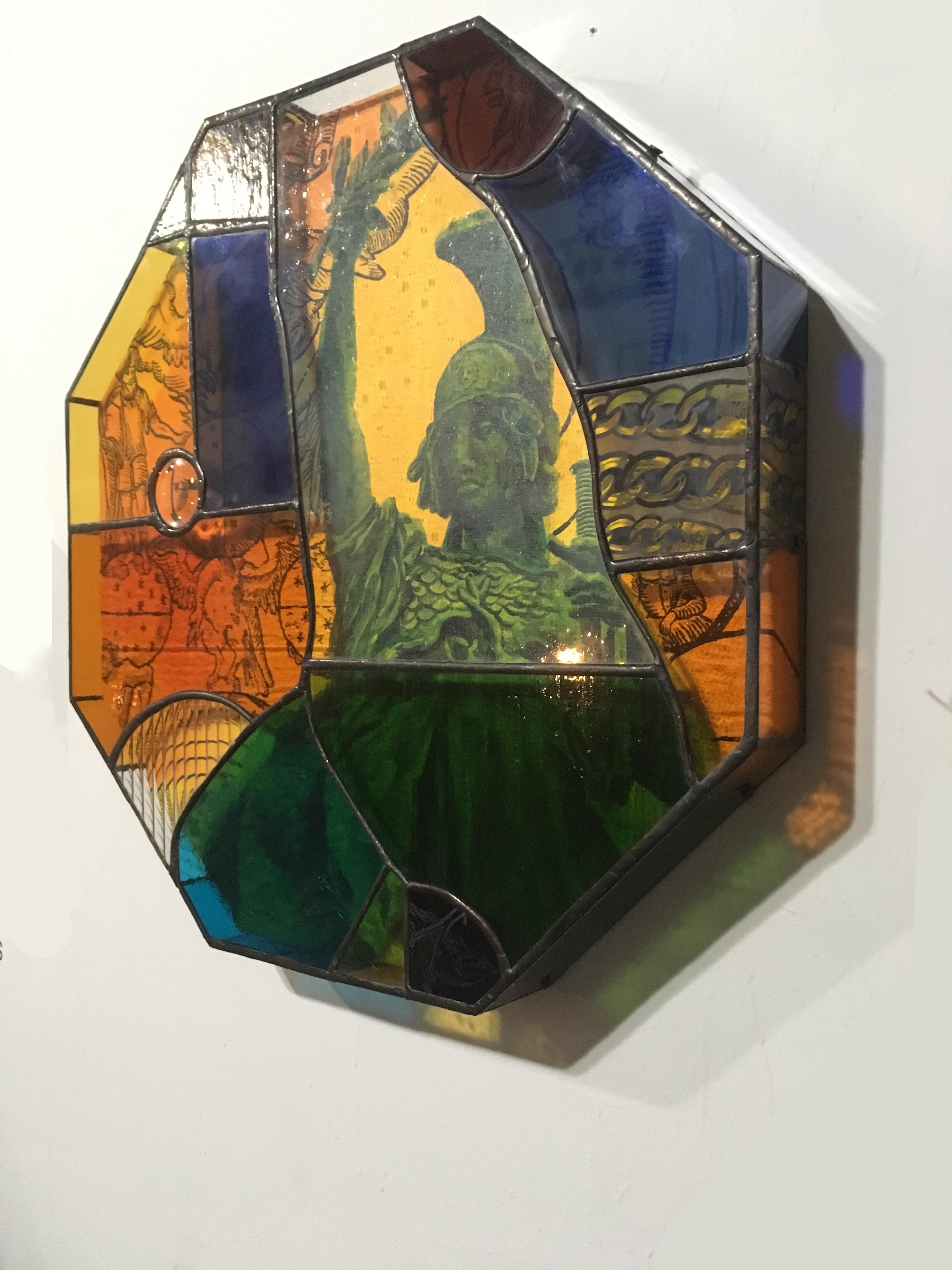 Earth People, 2020, stained glass, acrylic, canvas, octagon, statue, orange For Sale 6