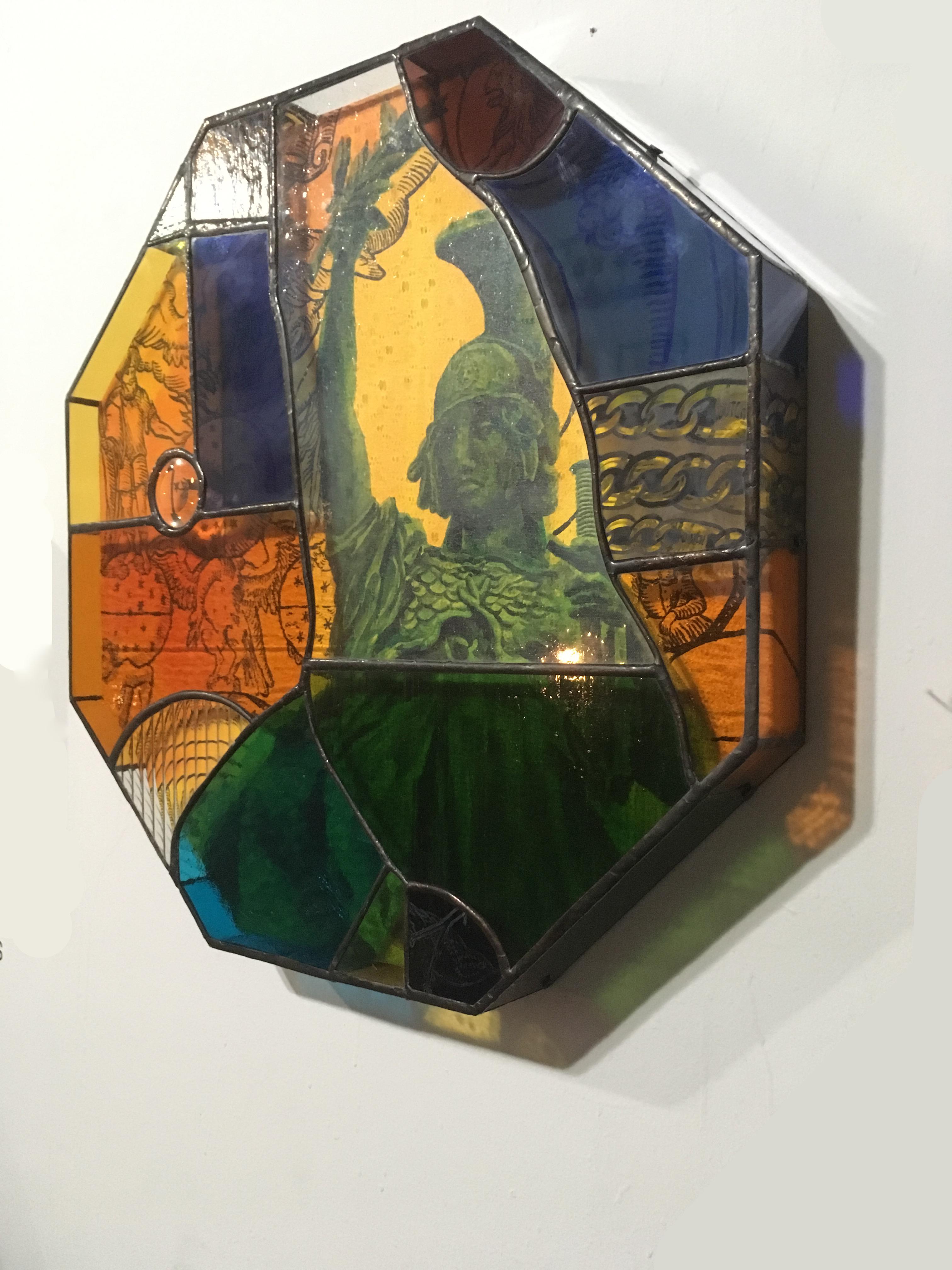 Earth People, 2020, Glasmalerei, Acryl, Leinwand, achteckige Statue, orange im Angebot 9