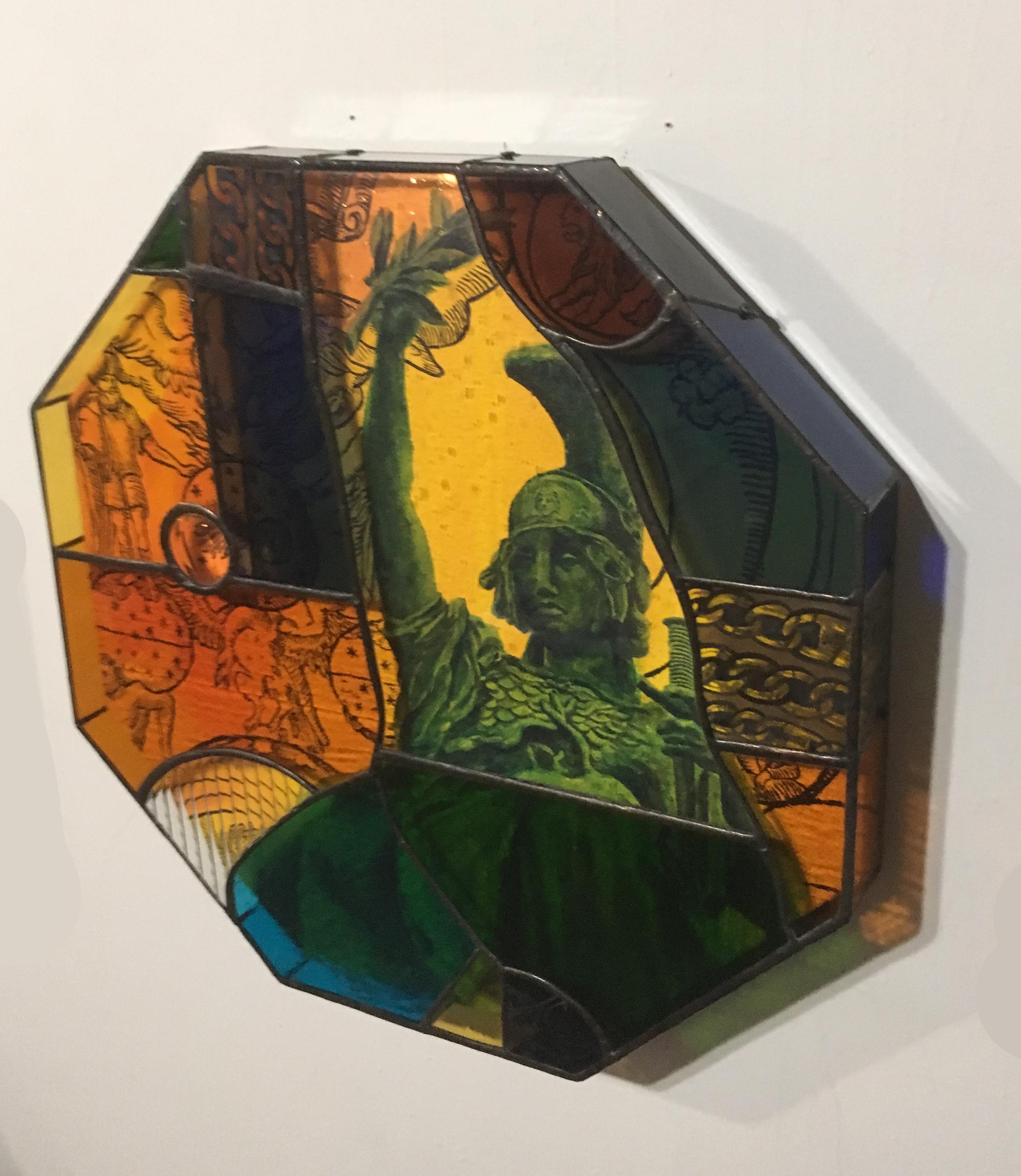 Earth People, 2020, stained glass, acrylic, canvas, octagon, statue, orange For Sale 2