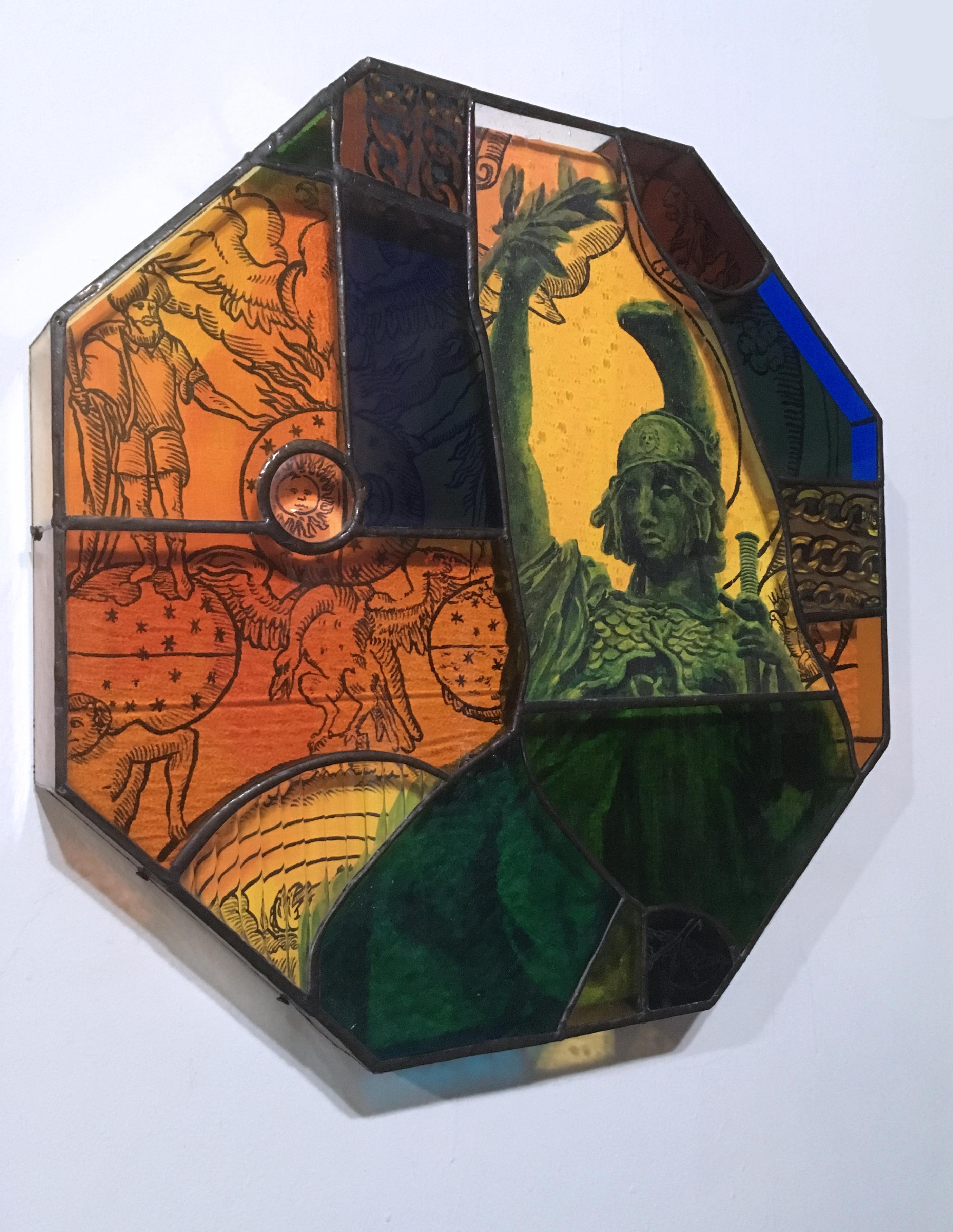Earth People, 2020, Glasmalerei, Acryl, Leinwand, achteckige Statue, orange im Angebot 10