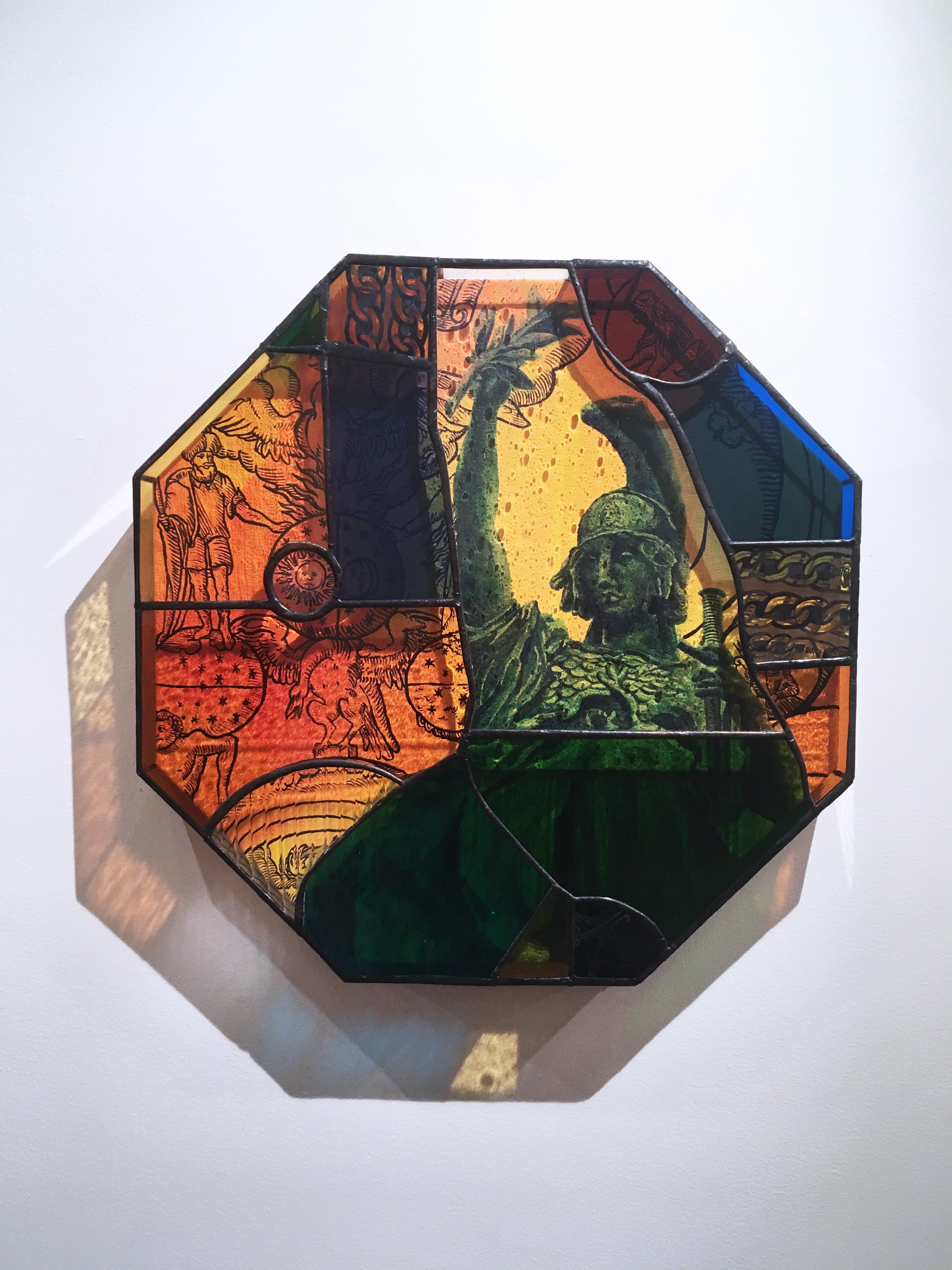Earth People, 2020, stained glass, acrylic, canvas, octagon, statue, orange For Sale 3
