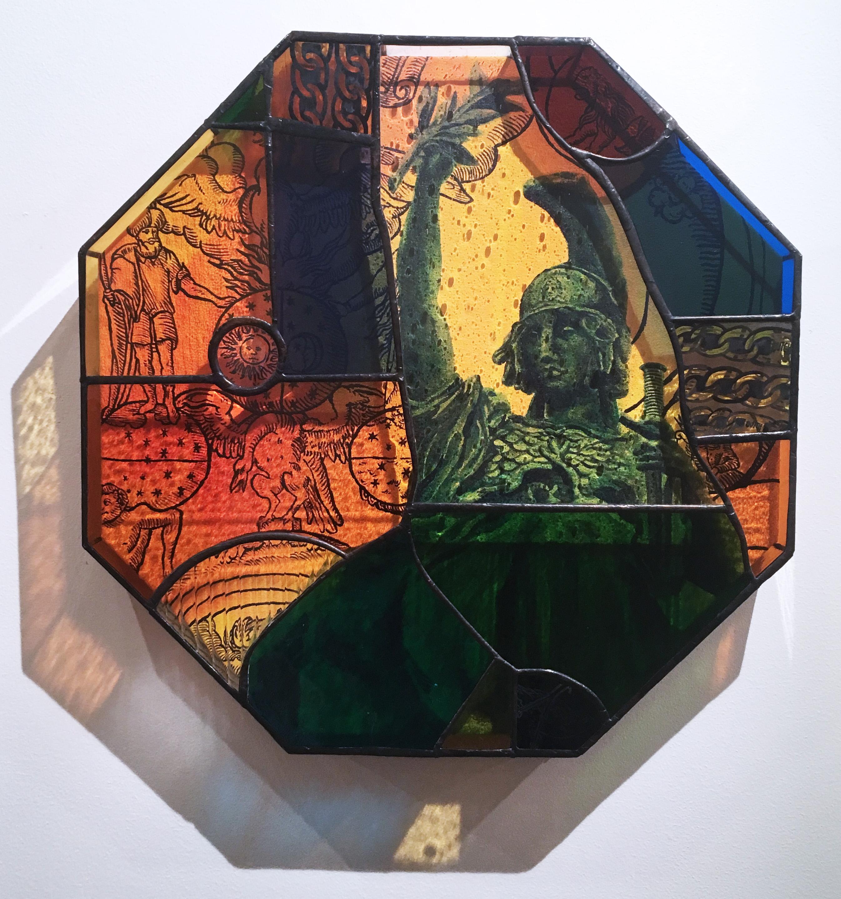 TF Dutchman Figurative Painting - Earth People, 2020, stained glass, acrylic, canvas, octagon, statue, orange