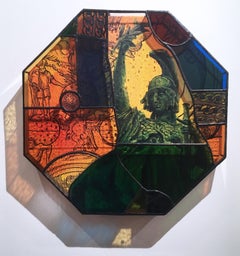 Earth People, 2020, stained glass, acrylic, canvas, octagon, statue, orange