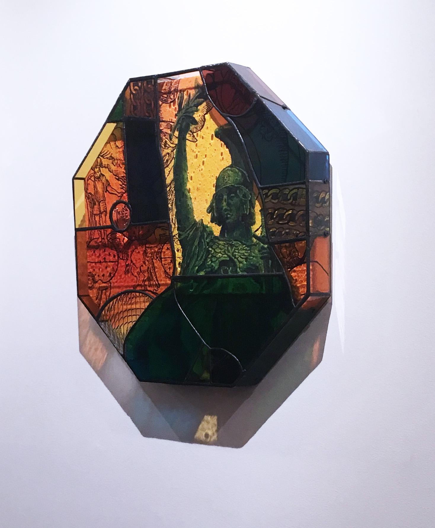 Earth People, 2020, stained glass, acrylic, canvas, octagon, statue, orange For Sale 12