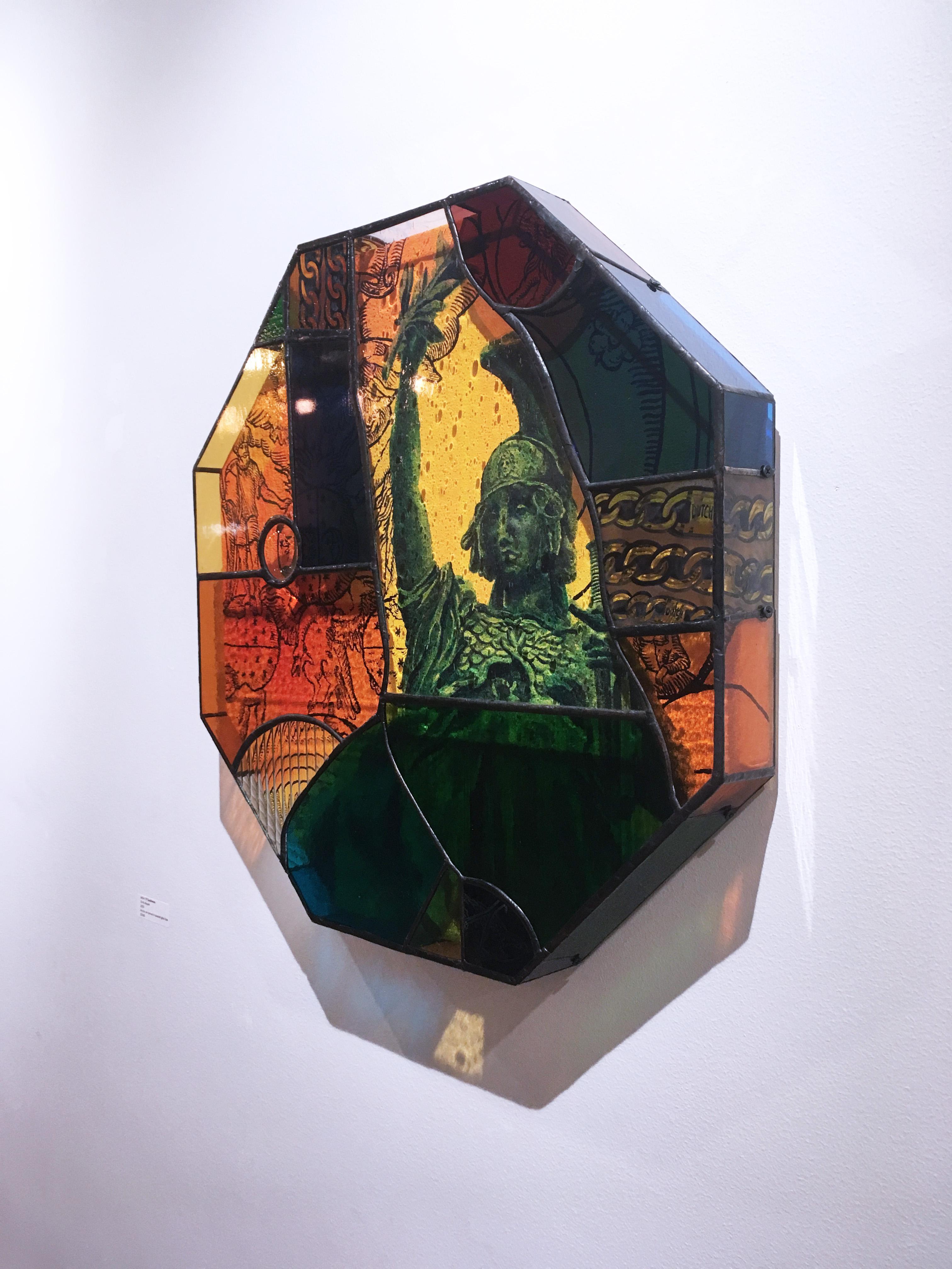 Earth People, 2020, stained glass, acrylic, canvas, octagon, statue, orange For Sale 11