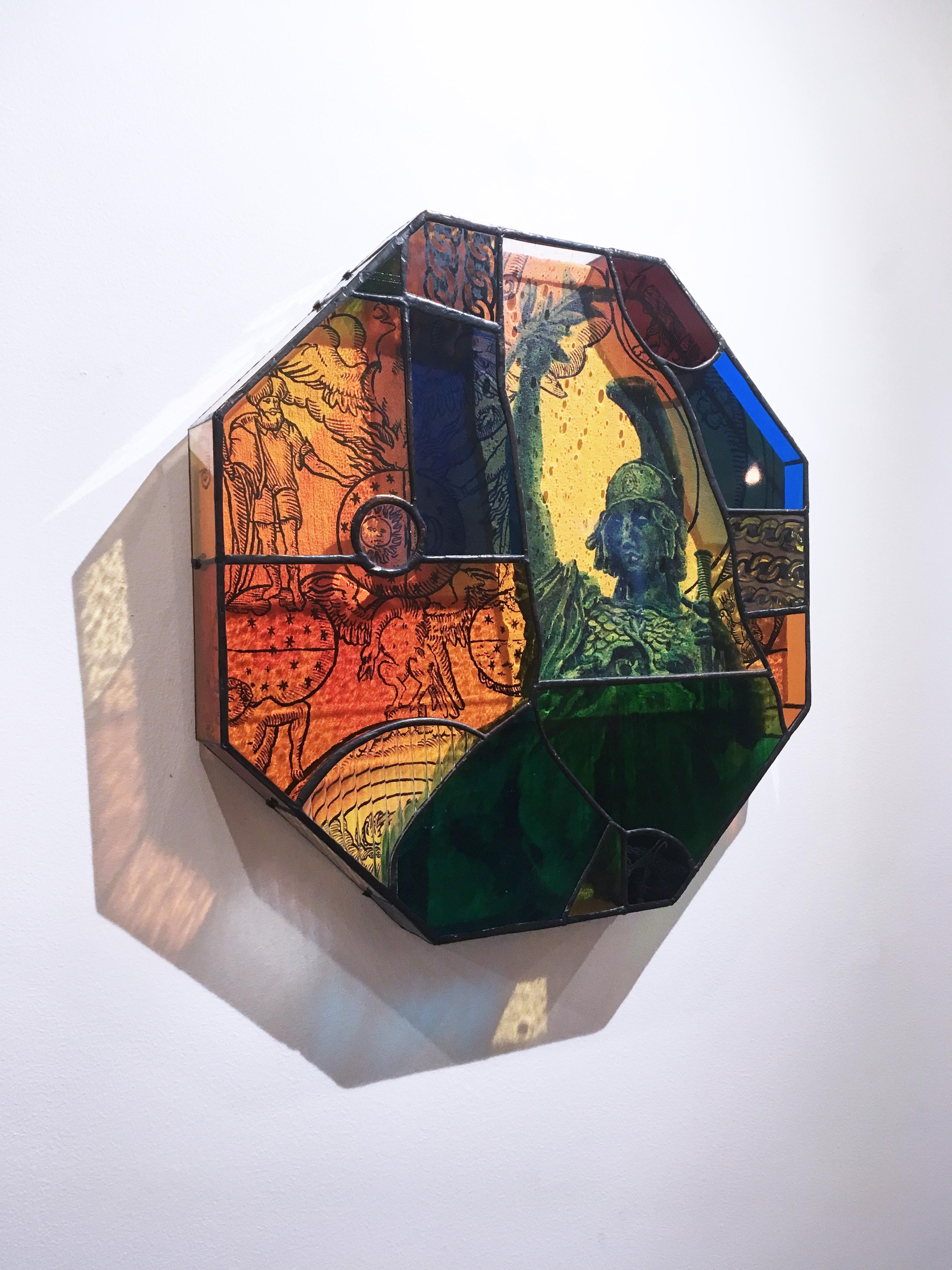 Earth People, 2020, stained glass, acrylic, canvas, octagon, statue, orange For Sale 10