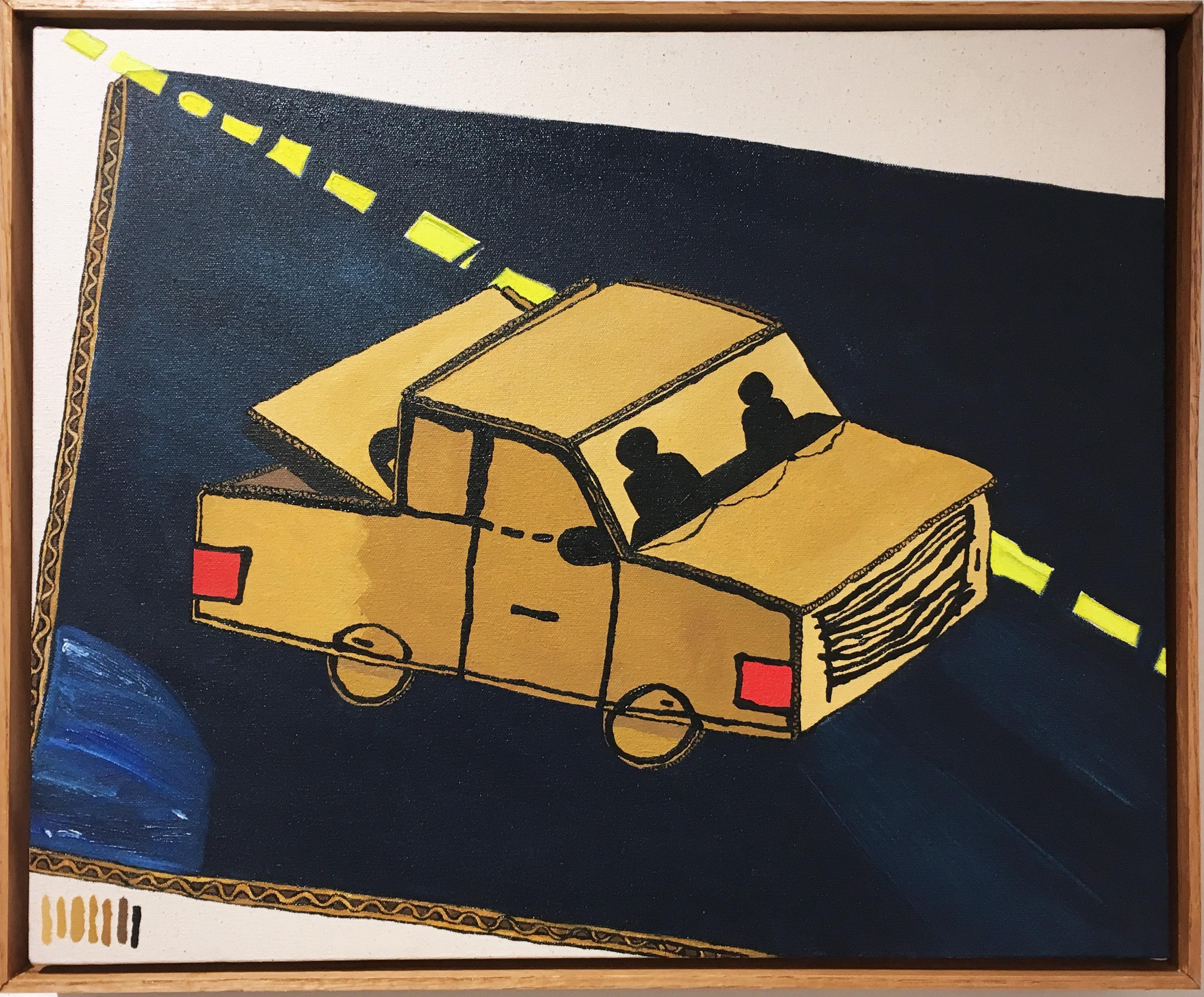 Max Vesuvius Budnick Figurative Painting – Road Trip, 2020, Ölfarbe, figurativ, Lkw, blau, weiß, gelb, beige, braun