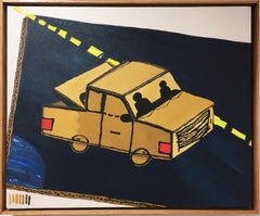 Road Trip, 2020, peinture à l'huile, figurative, camion, bleu, blanc, jaune, beige, brun