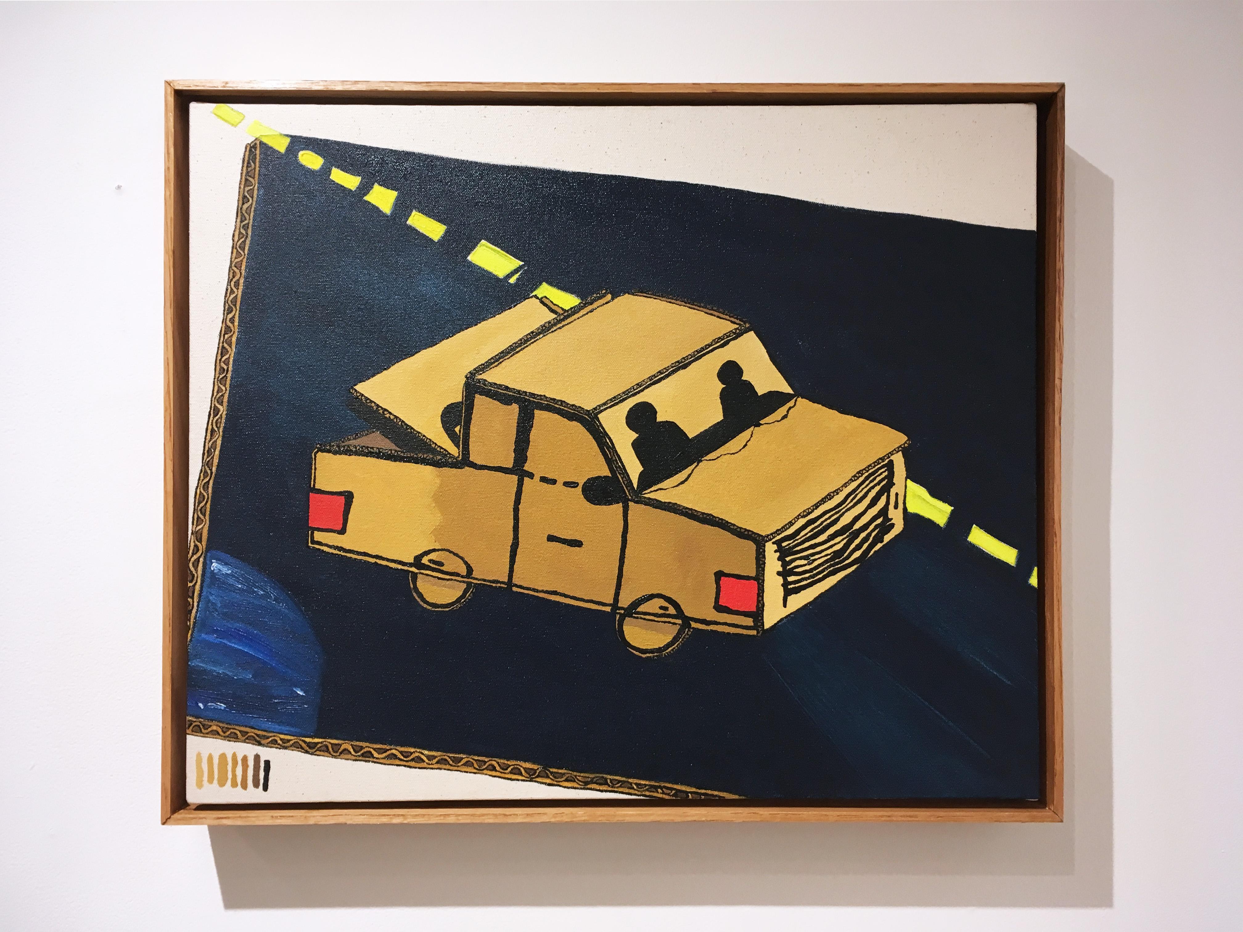 Road Trip, 2020, oil paint, figurative, truck, blue, white, yellow, beige, brown - Painting by Max Vesuvius Budnick