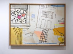 Lounge, large oil painting, figurative, interior, peach, pinks, yellows, oranges