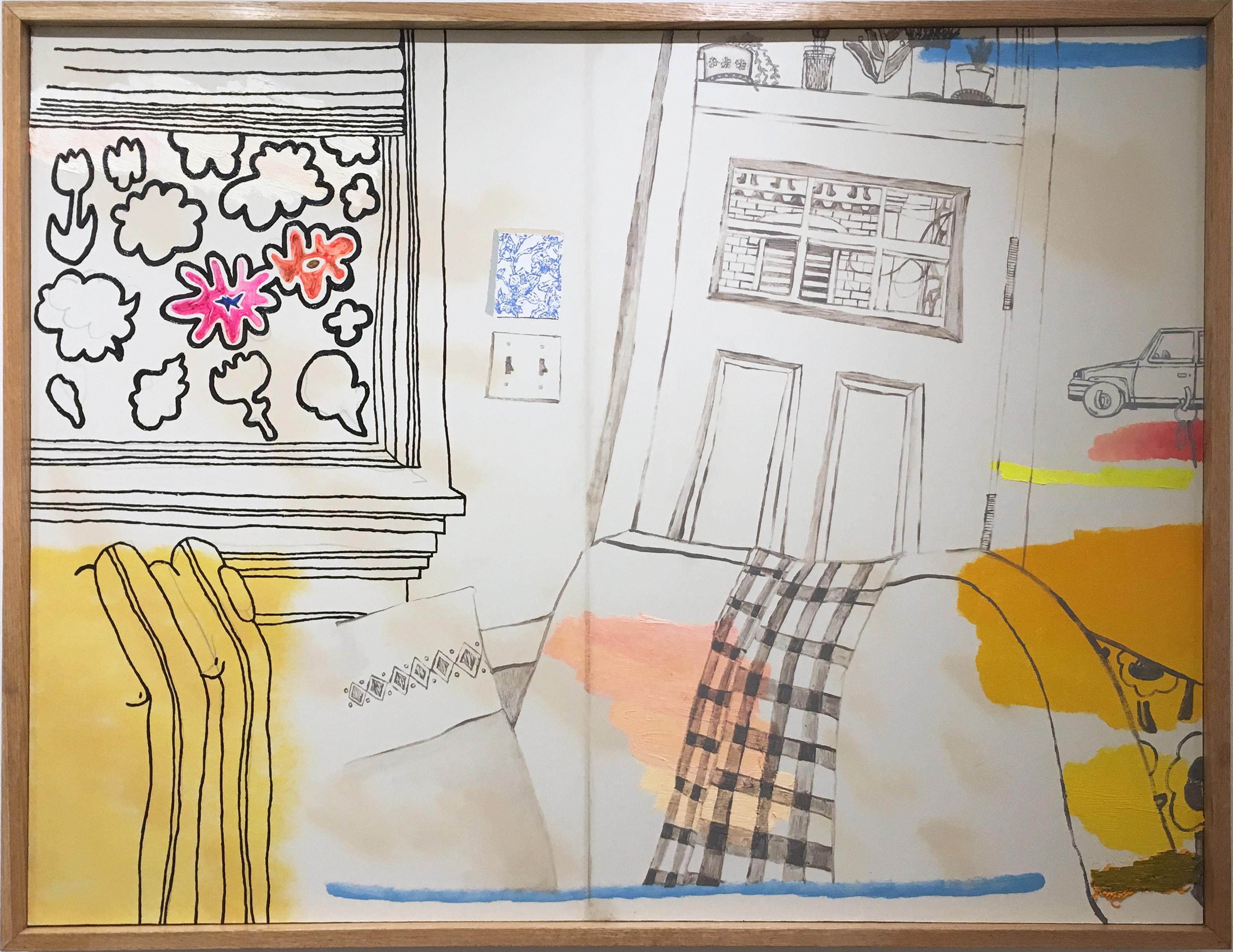 Max Vesuvius Budnick Still-Life Painting - Lounge, large oil painting, figurative, interior, peach, pinks, yellows, oranges
