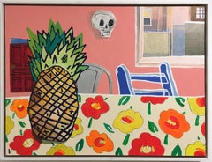 Pineapple Sunset, oil painting, interiors, bright, neon, pink, orange, yellow