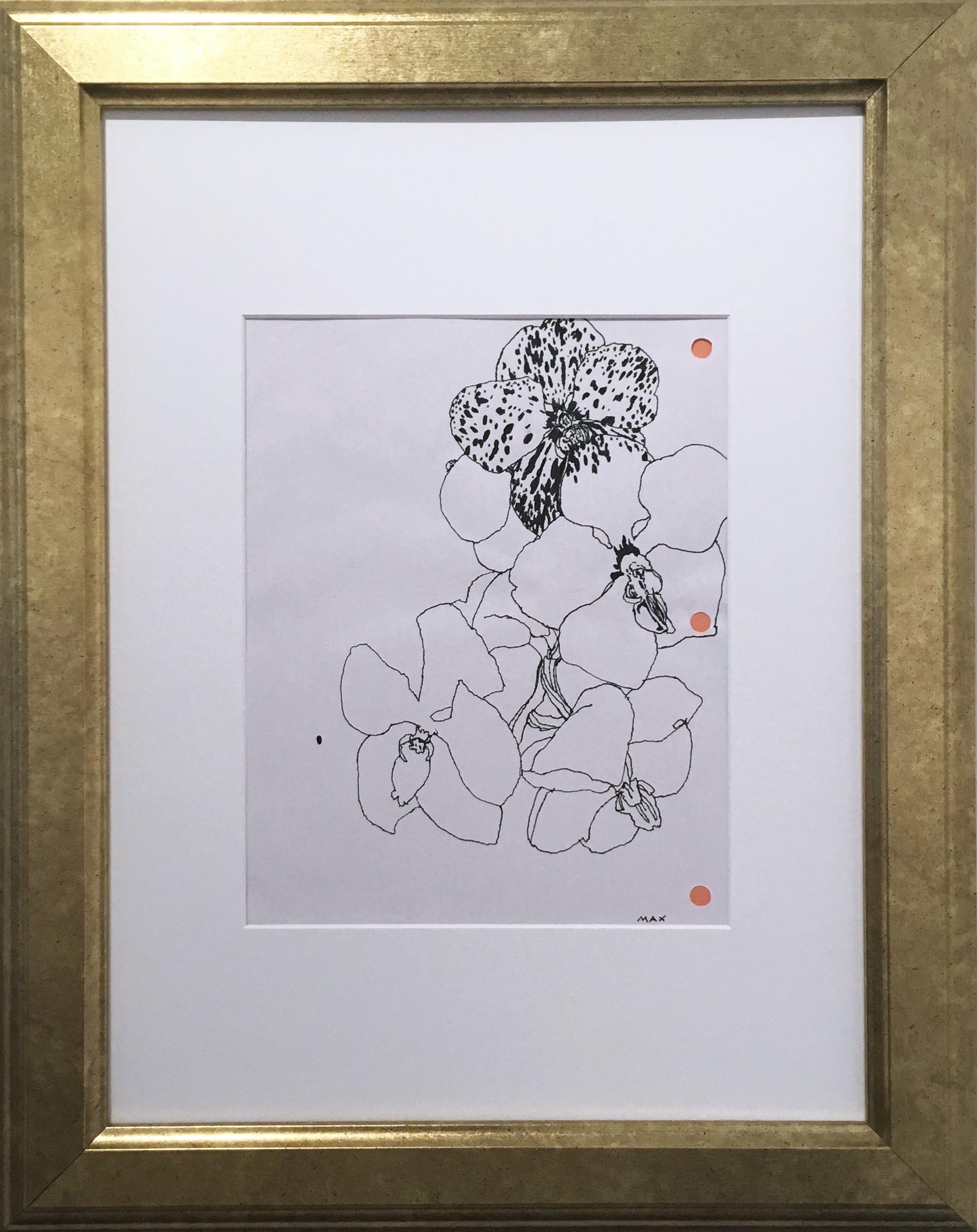 Max Vesuvius Budnick Still-Life - 3 Hole Punch Orchids, black and white, pink, floral, pen on paper, gold frame