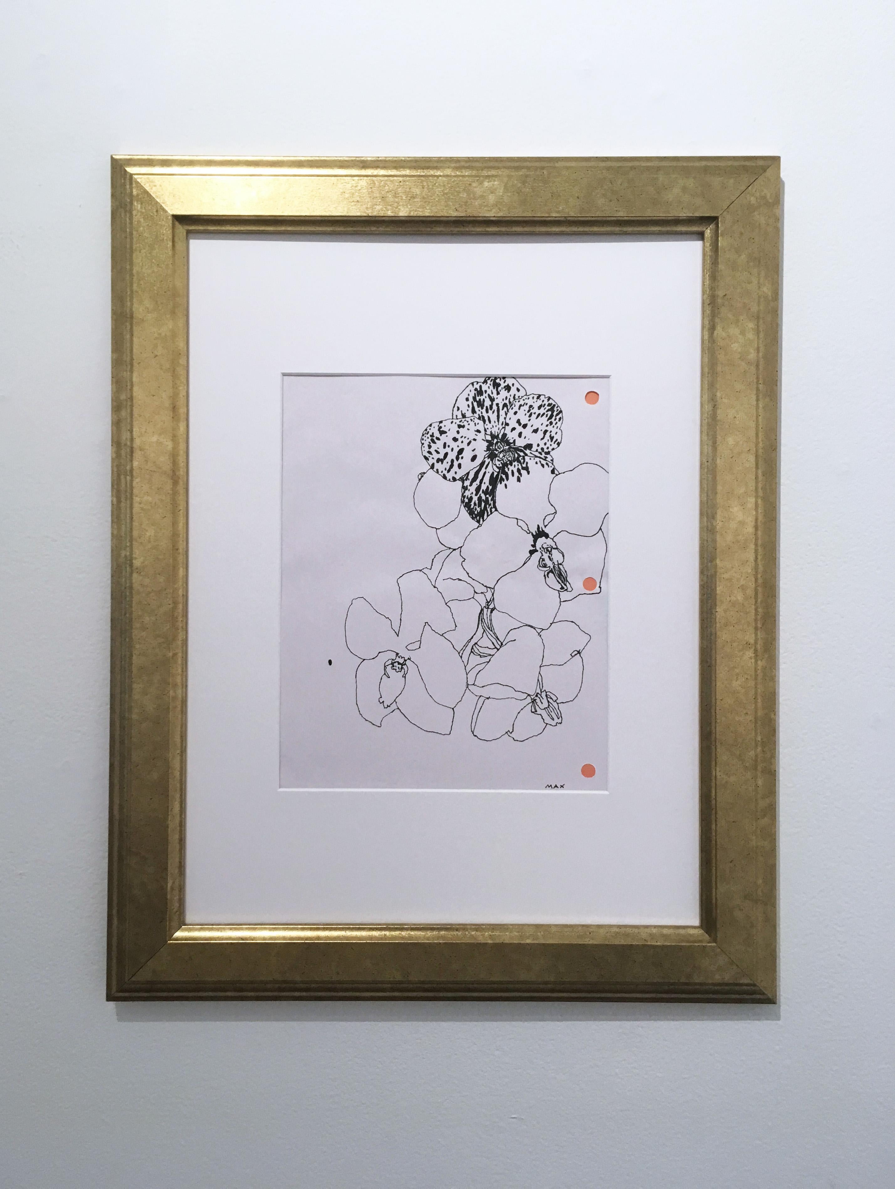3 Hole Punch Orchids, black and white, pink, floral, pen on paper, gold frame - Art by Max Vesuvius Budnick