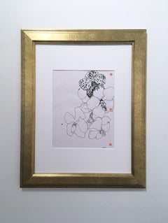 3 Hole Punch Orchids, black and white, pink, floral, pen on paper, gold frame