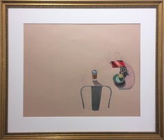 To-Go, still life, pink, graphite, pastel, paper, gold frame, cup, chair, table