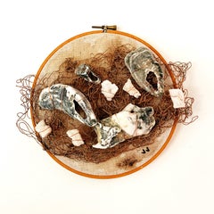 Sunsoak, 2020, wire embroidery, vintage bamboo hoop, oyster shells, earth tones