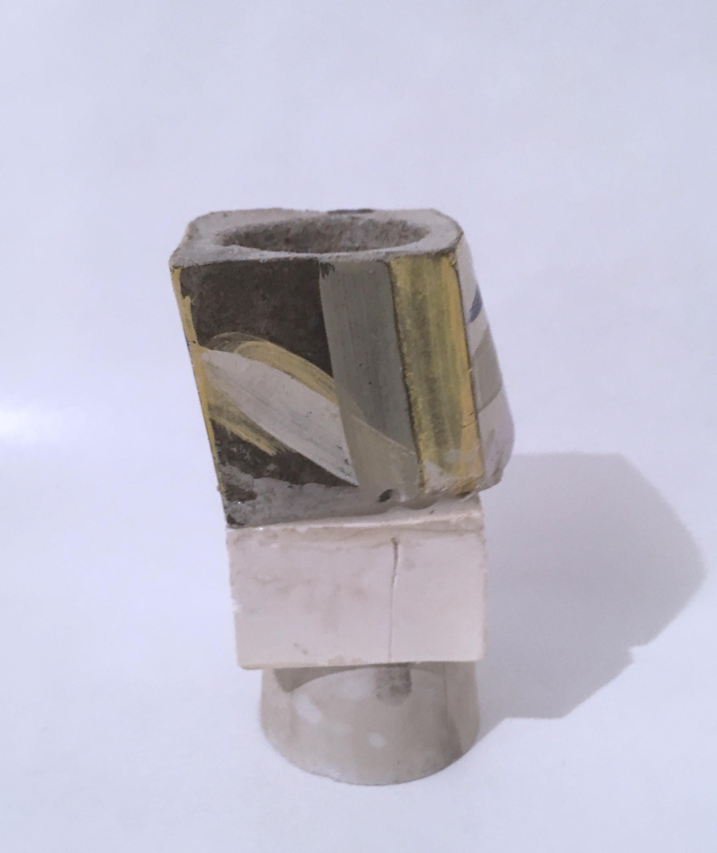 Layered Cube Votive Sculpture (sand), pastel, geometric, earthy, candle holder - Gray Abstract Sculpture by Dena Paige Fischer