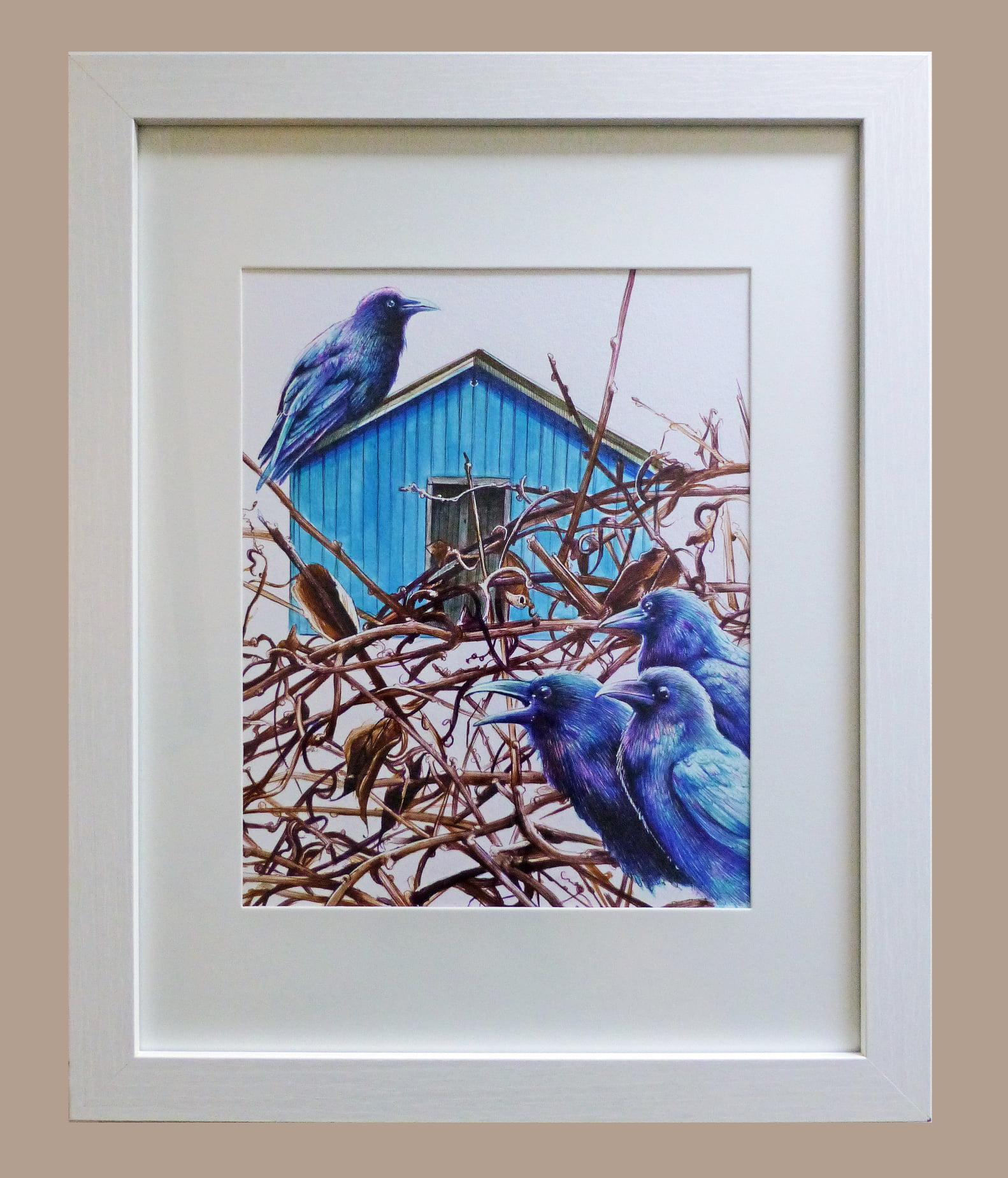 The Calling, Bower birds, drawing, framed work on paper, blue house, thicket - Art by Gigi Chen