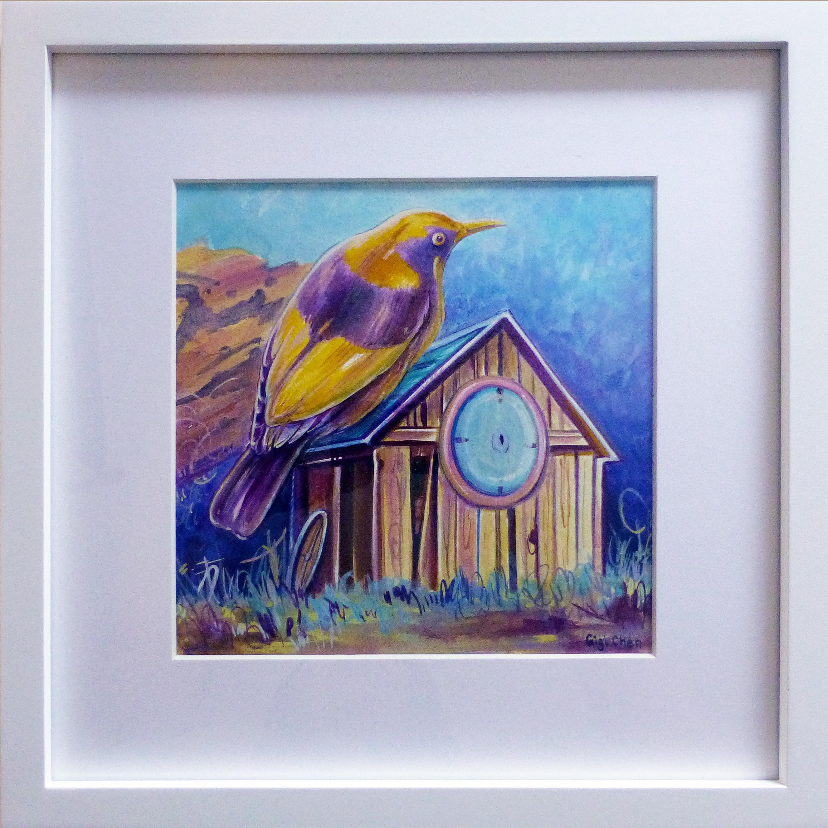 Settle In, yellow Bower bird, landscape drawing, house, framed work on paper - Art by Gigi Chen