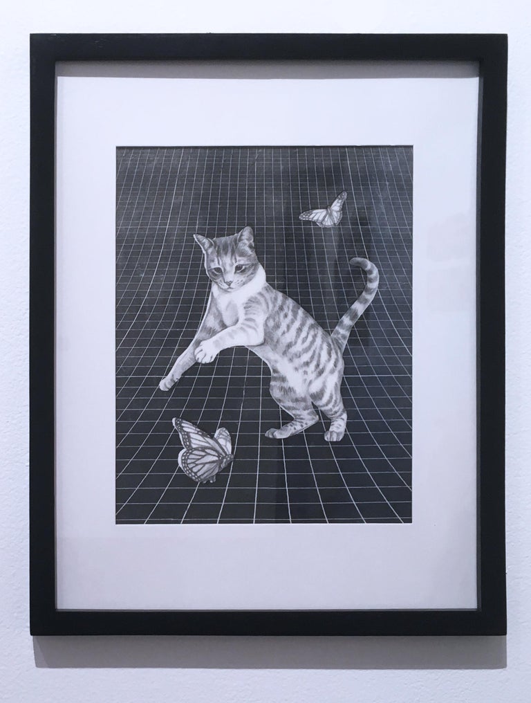 Butterfly Chaser by Alexis Kandra, graphite drawing, cat & swallowtail butterfly For Sale 1