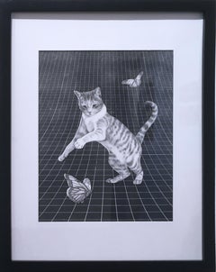 Butterfly Chaser by Alexis Kandra, graphite drawing, cat & swallowtail butterfly