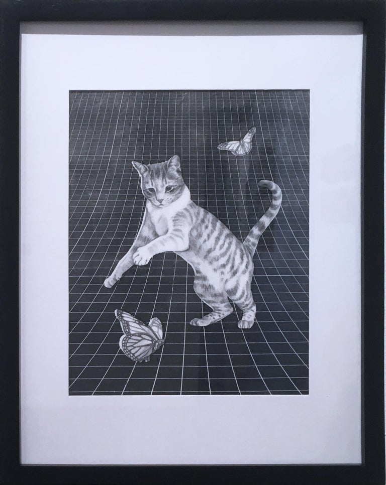 "Butterfly Chaser" by Alexis Kandra is a black and white graphite drawing of a striped domestic cat chasing a pair of tiger swalltowtail butterflies with digitally distorted grid transfer on paper.  Alexis loves to place her wildlife and animal
