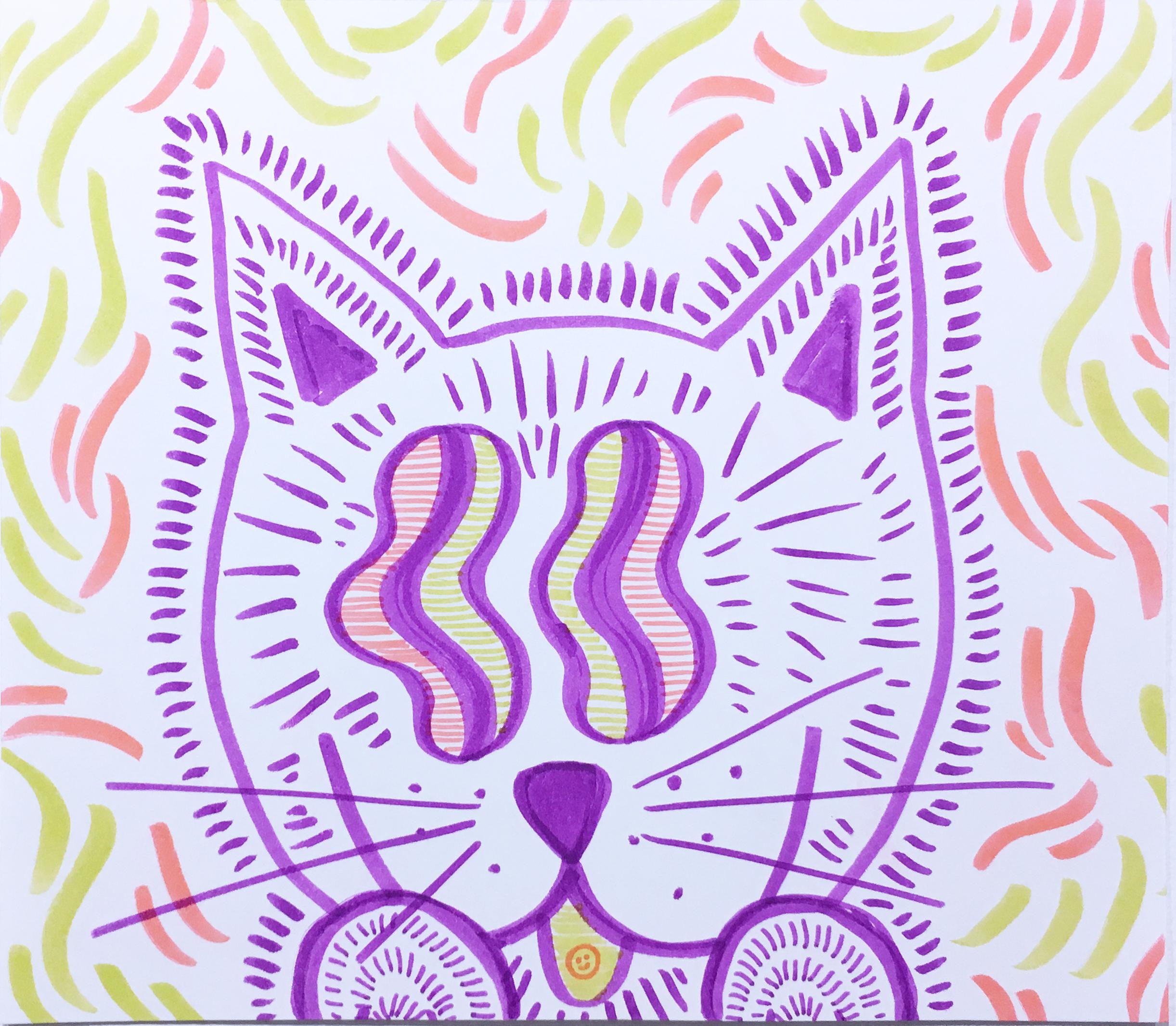 Bonus Kitty, Watercolor Paper Drawing, Pop Art, Cat with Graphic Wavy Pattern