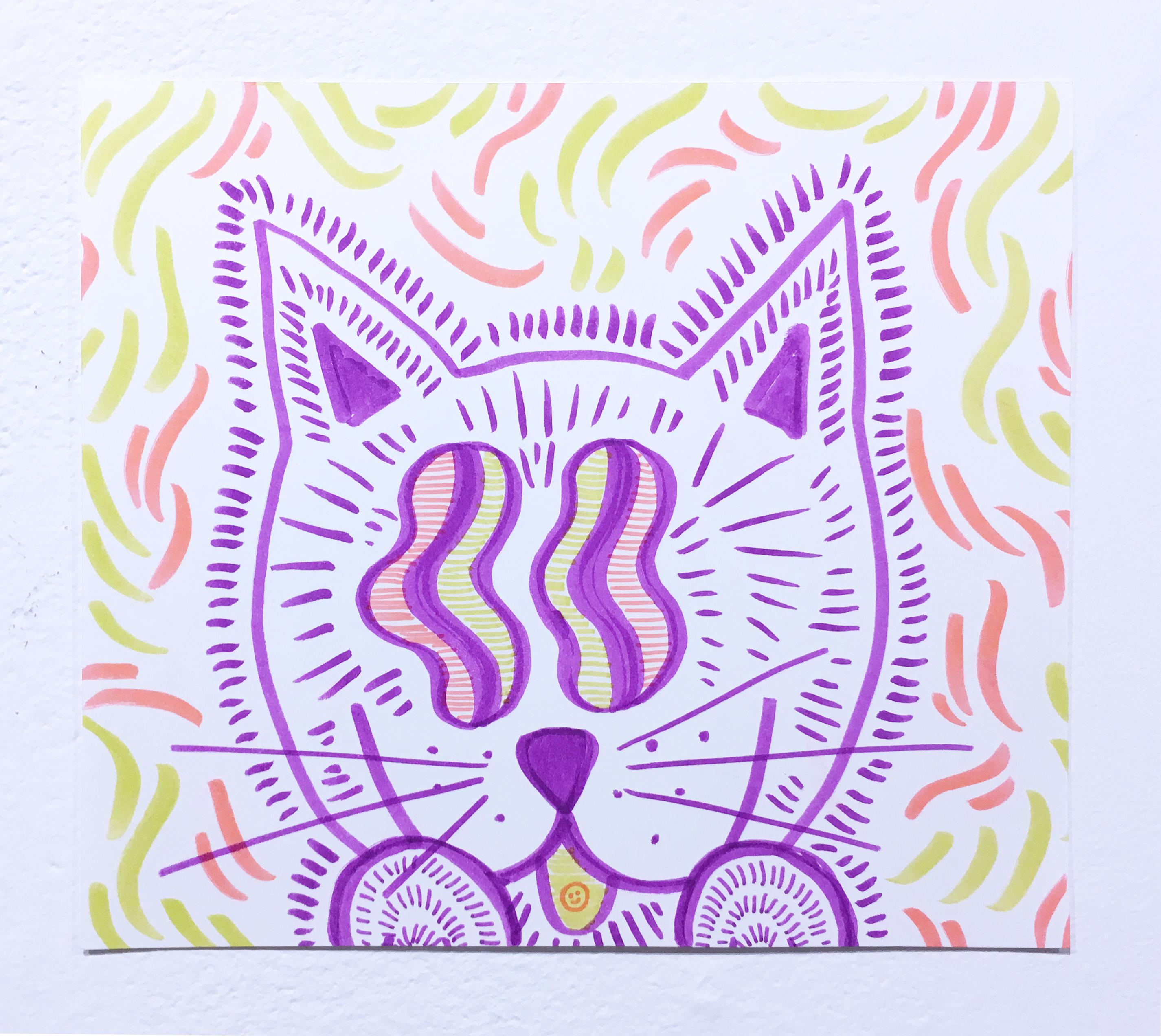 Bonus Kitty, Watercolor Paper Drawing, Pop Art, Cat with Graphic Wavy Pattern For Sale 2