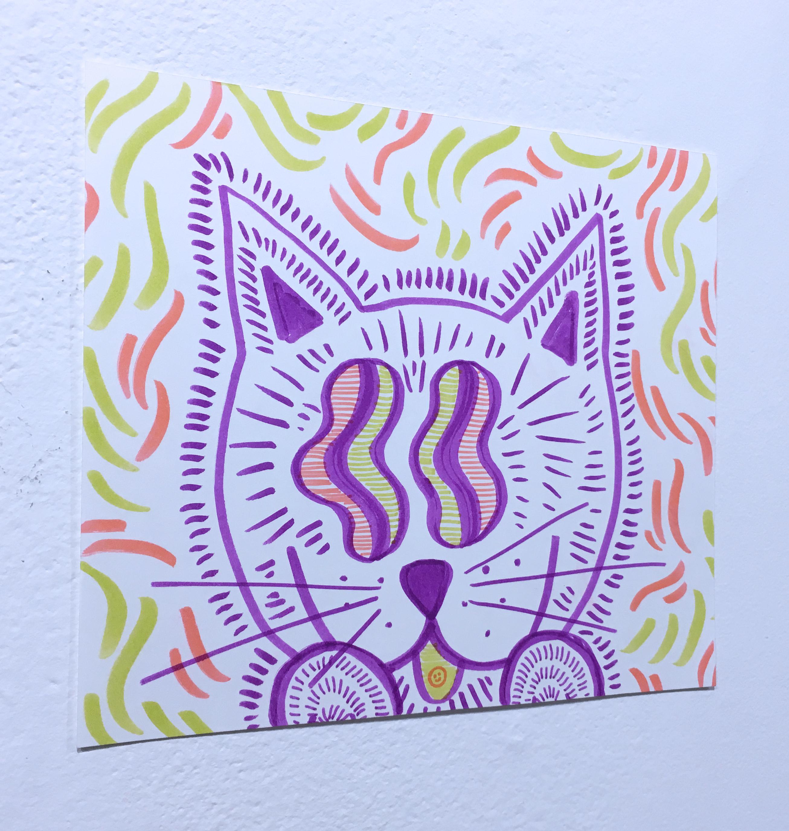 Bonus Kitty, Watercolor Paper Drawing, Pop Art, Cat with Graphic Wavy Pattern For Sale 1