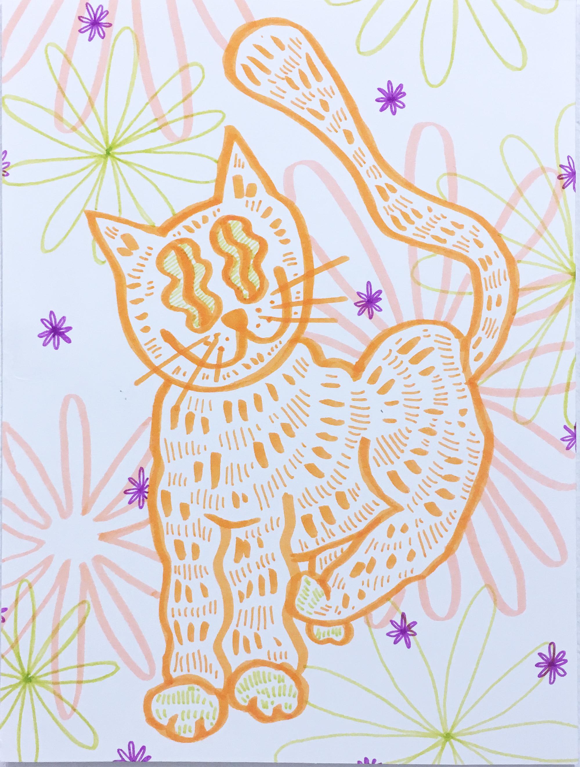 Figurative Art SarahGrace - Soft and Fuzzy, dessin sur papier à l'aquarelle, chat avec fleurs, motif graphique ondulé
