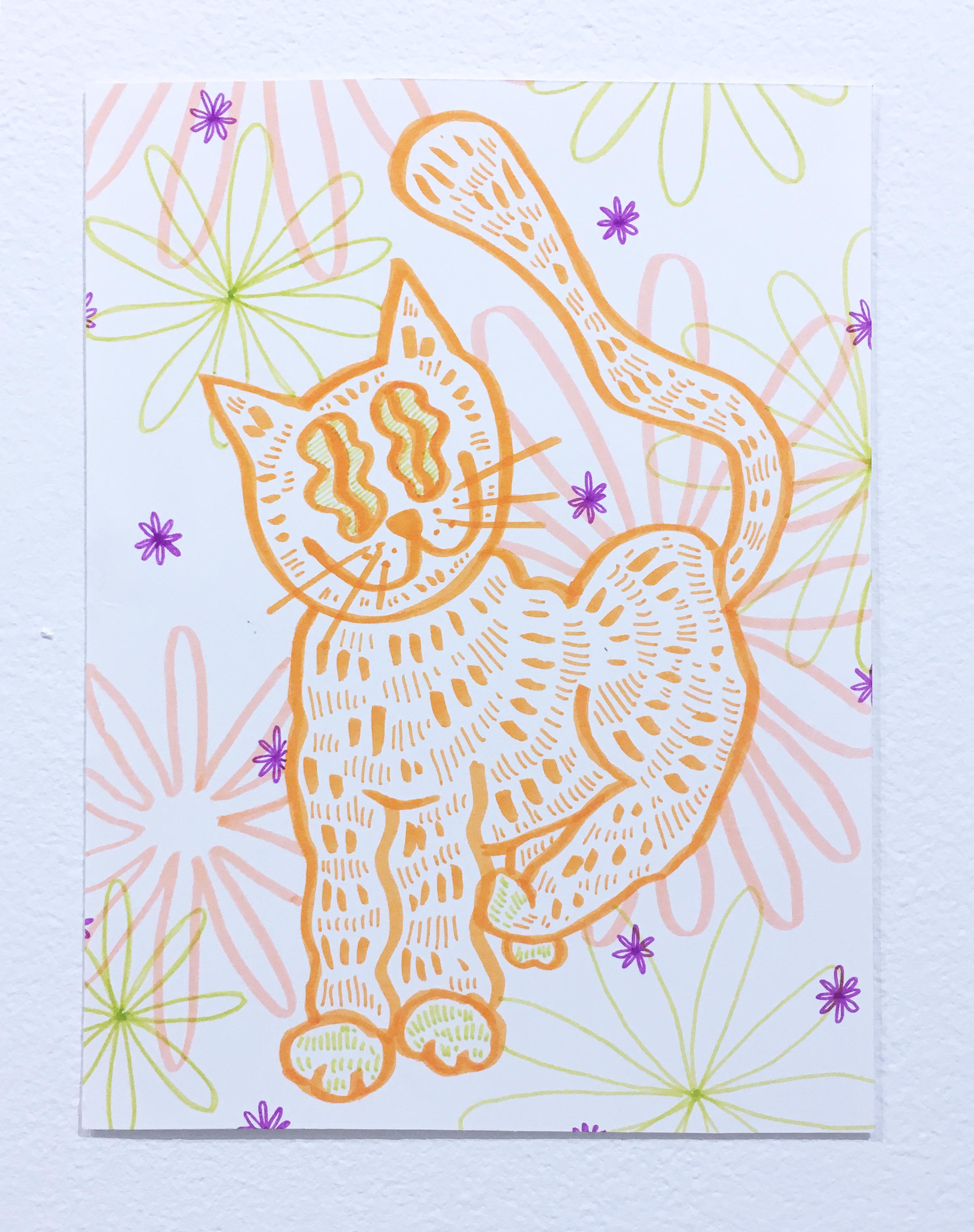 Soft and Fuzzy, dessin sur papier à l'aquarelle, chat avec fleurs, motif graphique ondulé - Art de SarahGrace