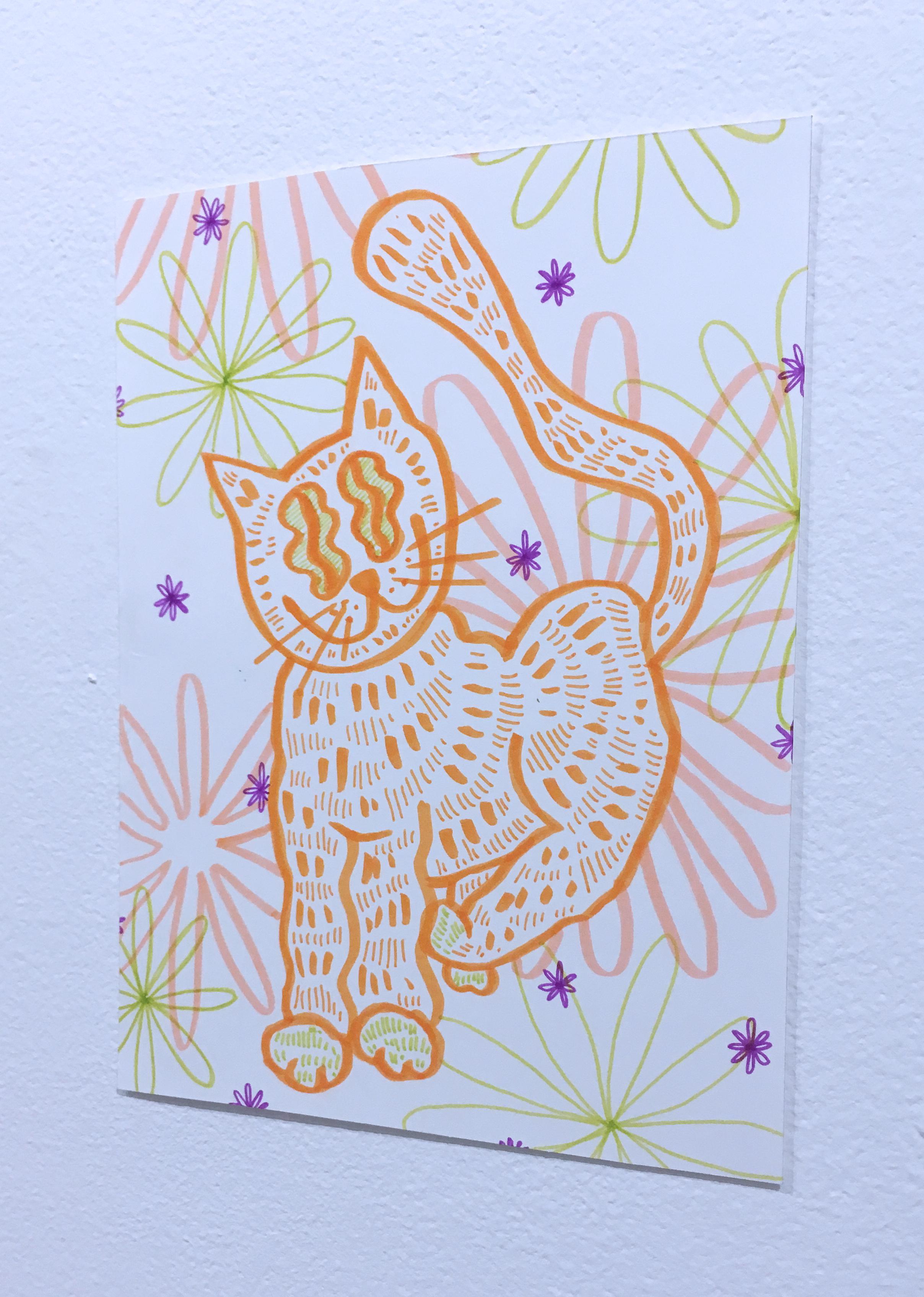 Soft and Fuzzy, dessin sur papier à l'aquarelle, chat avec fleurs, motif graphique ondulé - Gris Figurative Art par SarahGrace