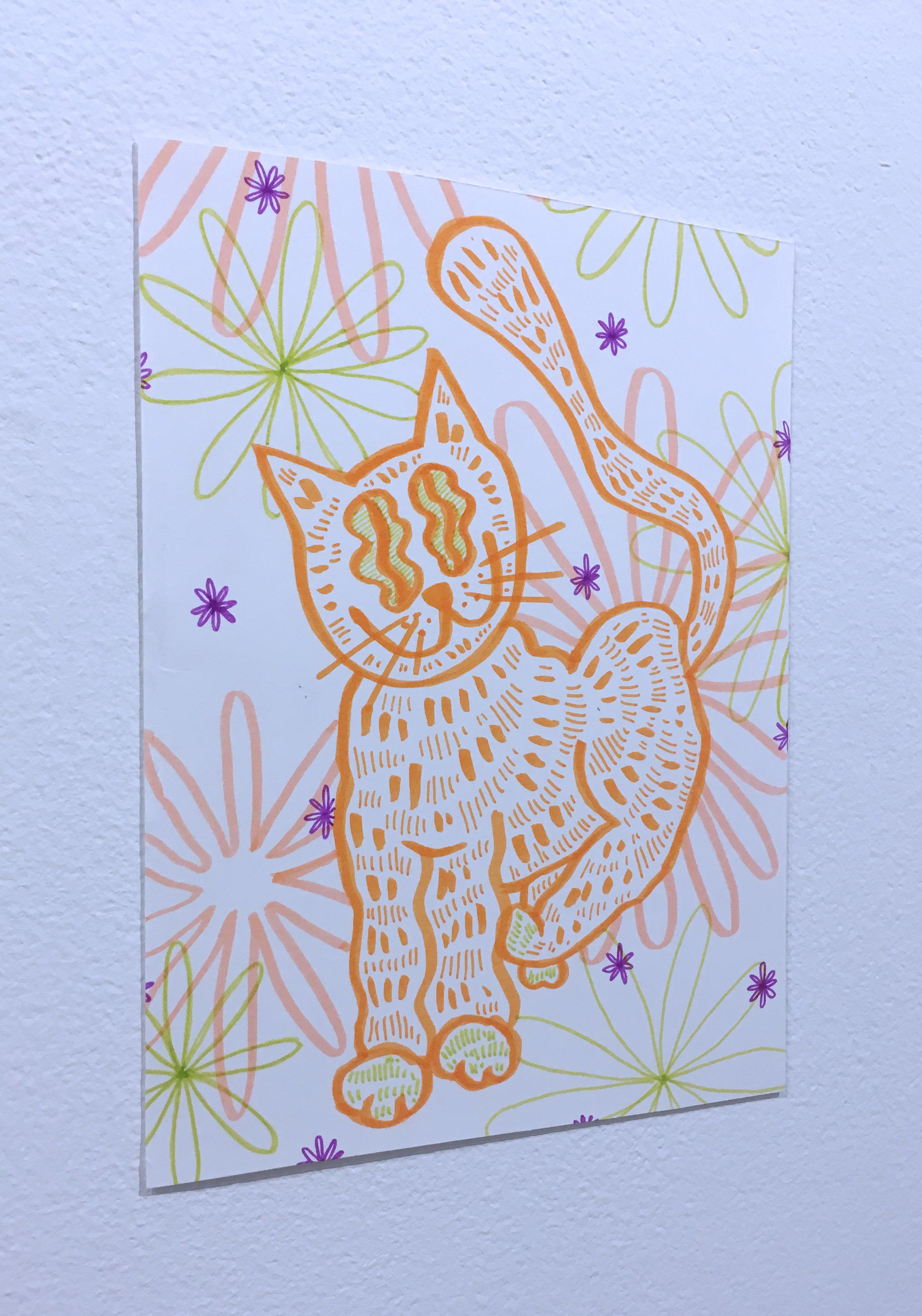 Soft and Fuzzy, dessin sur papier à l'aquarelle, chat avec fleurs, motif graphique ondulé - Contemporain Art par SarahGrace