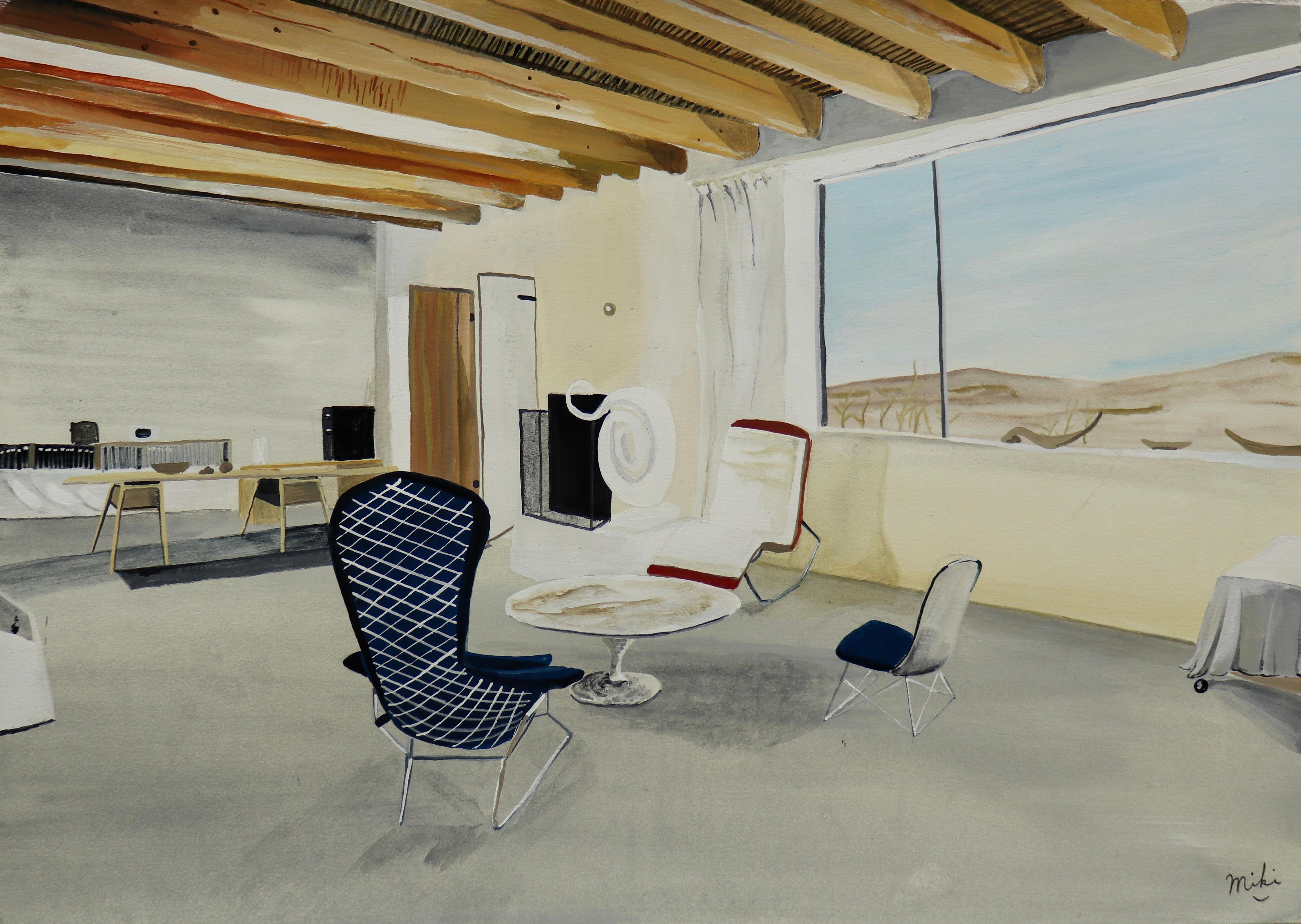 Miki Matsuyama Interior Painting - Georgia O'Keeffe's Studio & Fireplace, interiors, desert landscape, earth tones