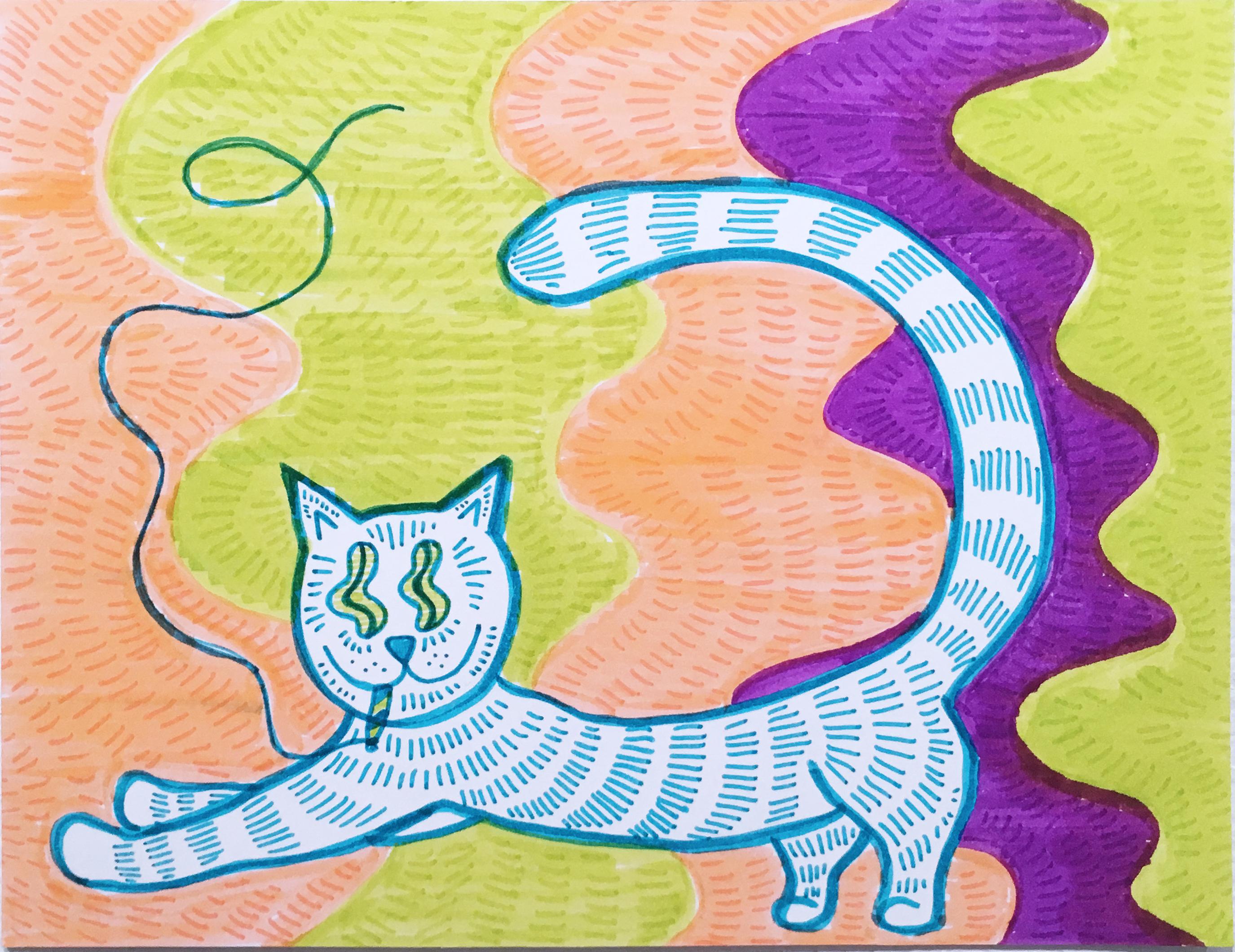 SarahGrace Animal Art – Smoko, Katze mit Tischdecke, Aquarell-Tinte-Zeichnung, Wellenschliff, Pfirsich, Grün, Blau, Lila