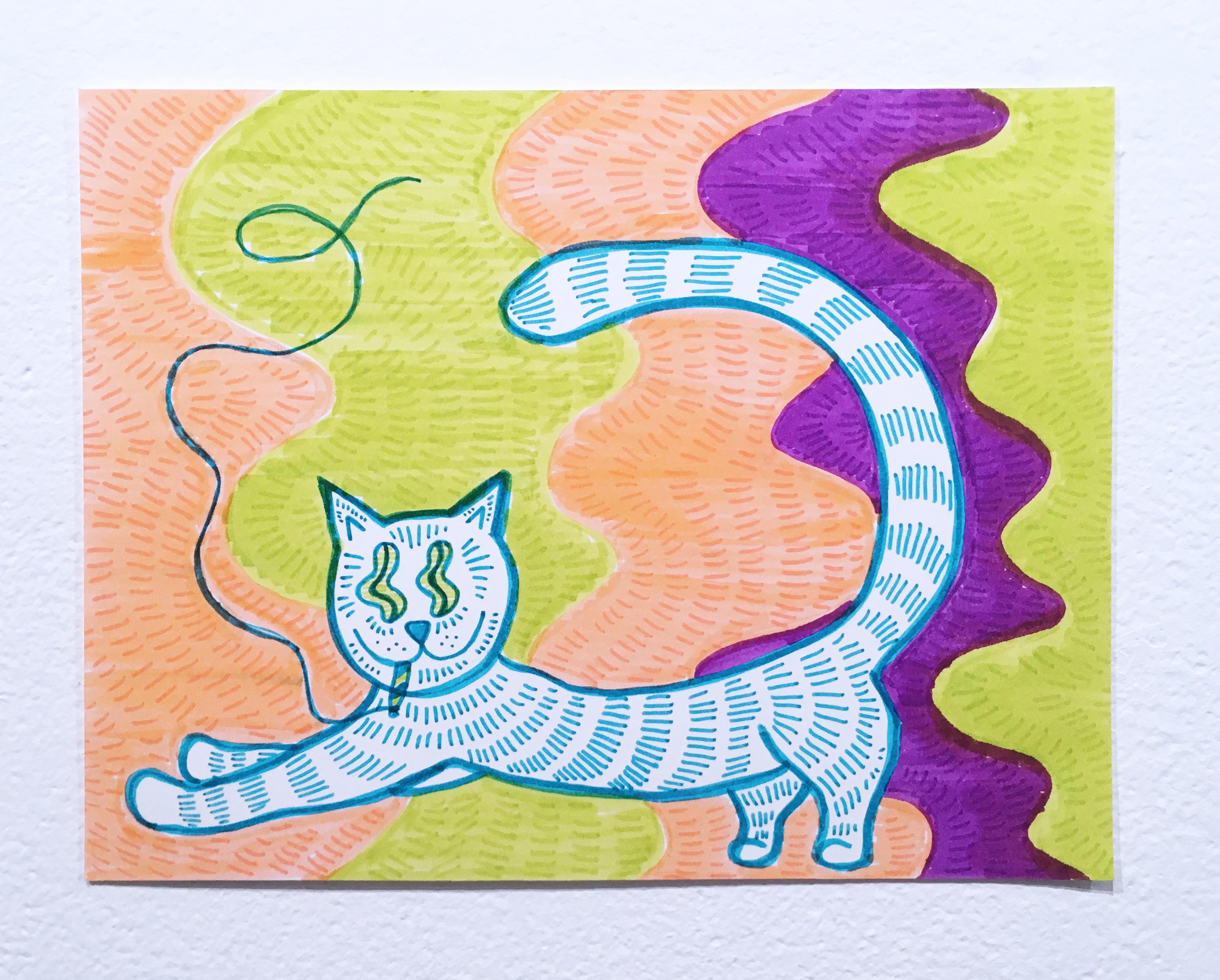 Smoko, Cat with Joint, Watercolor Ink Drawing, Wavy, Peach, Green, Blue, Purple - Contemporary Art by SarahGrace