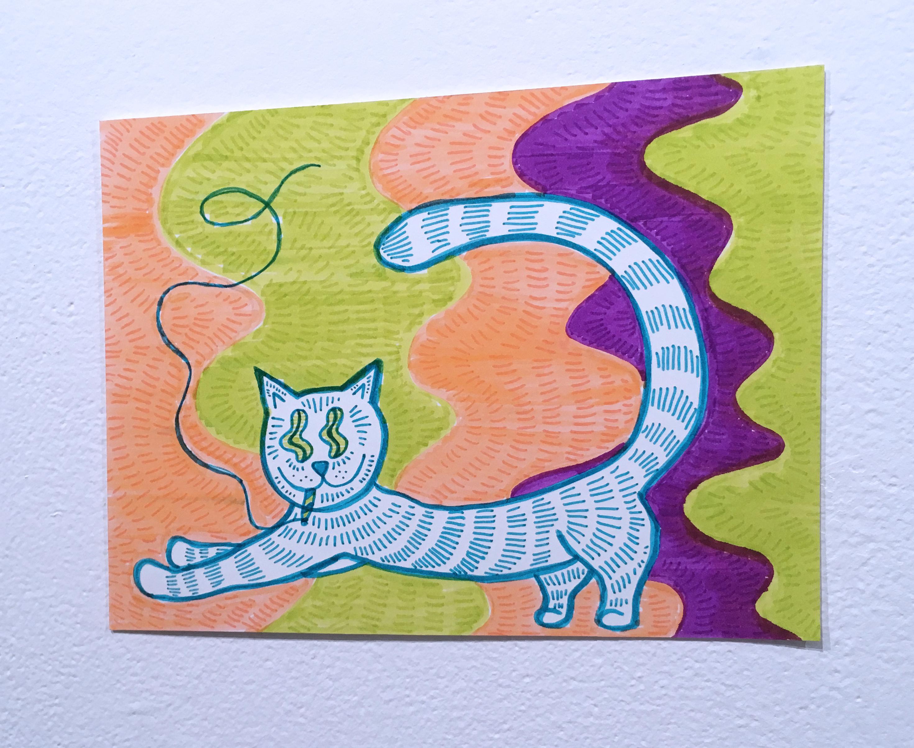Smoko, Cat with Joint, Watercolor Ink Drawing, Wavy, Peach, Green, Blue, Purple - Beige Animal Art by SarahGrace