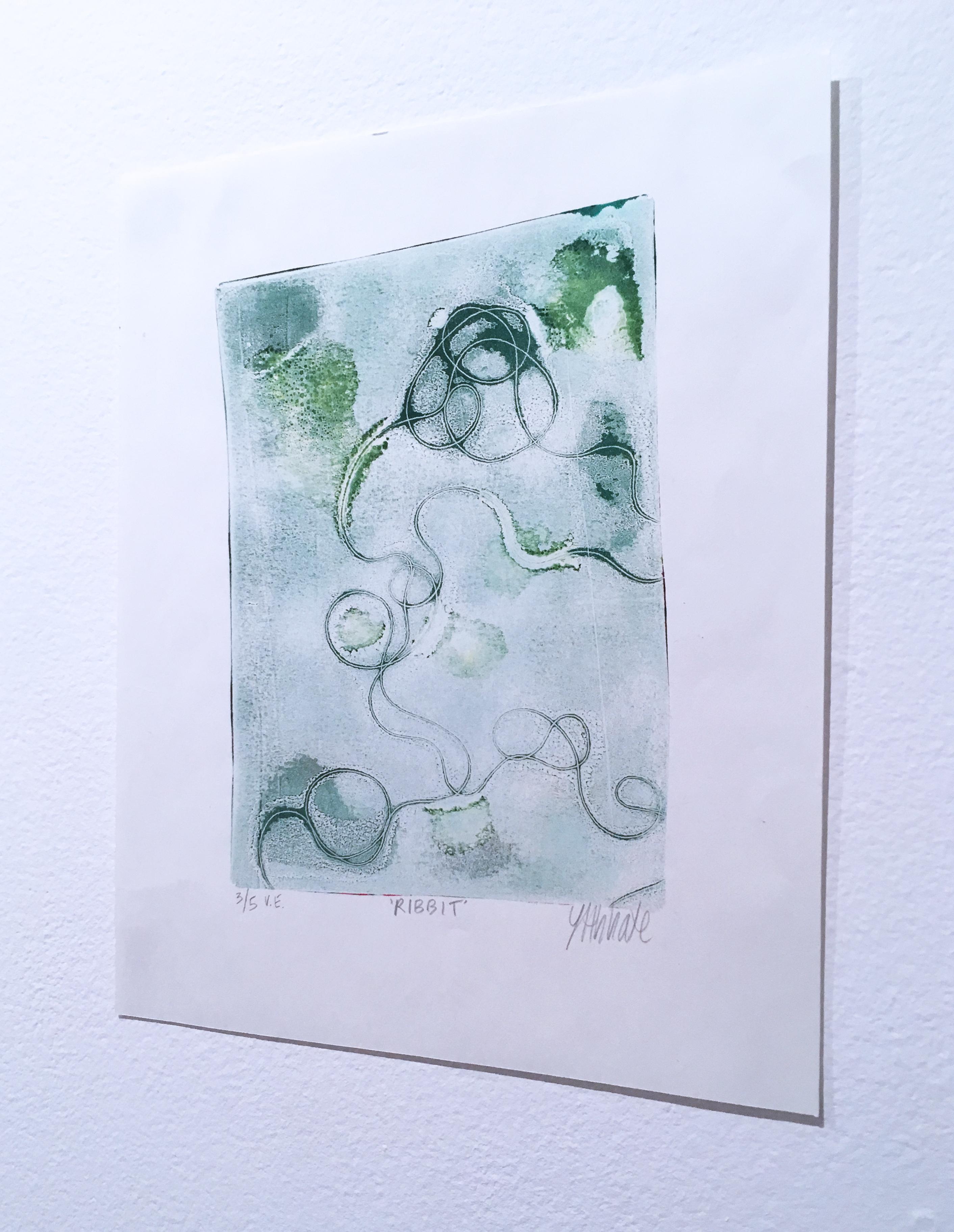 Monoprint on paper, green scale.  Unique.  Biomorphic abstraction.

Hand-signed by artist
Framing available

This work includes a certificate of authenticity upon request