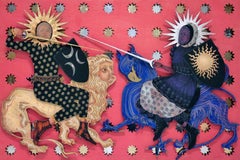 THE DUEL, 2017, gold leaf, silver leaf, laser cut, figurative, sun, moon, pink