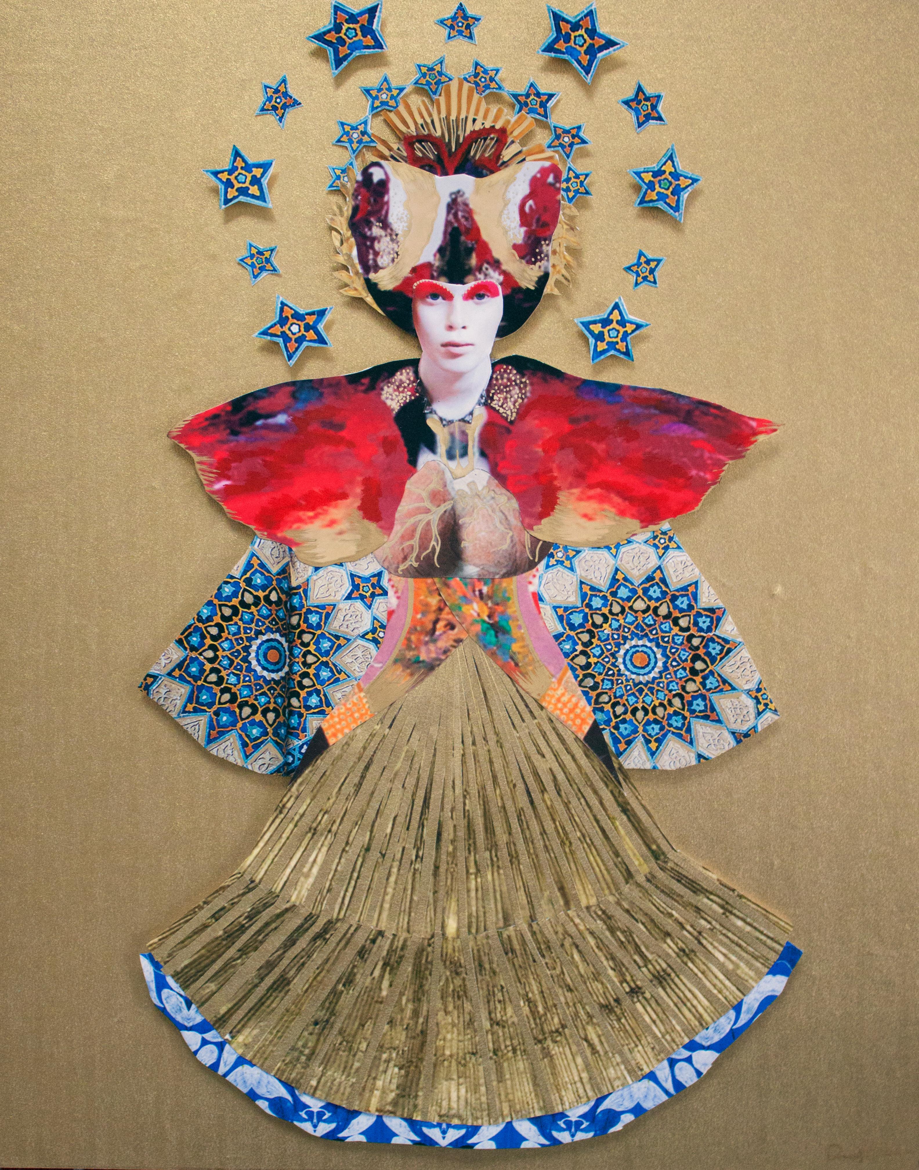 Fire Goddess, gold, red & blue painting and collage relief, figurative portrait