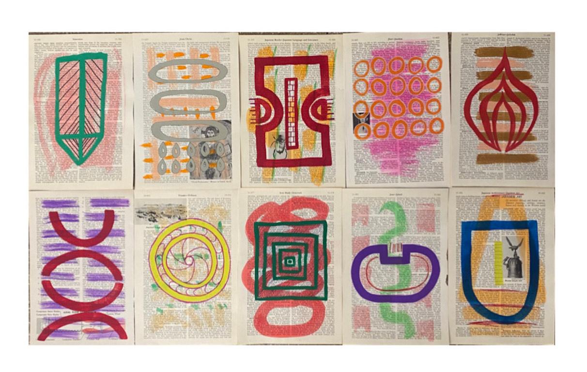GLYPHS (Set of 10) by Cheryl R. Riley
Each piece in the set of ten is a unique iteration painted on the pages of a 1957 encyclopedia using gouache and metallic ink.  Each individual Glyph has its own title that indicates the meaning of the graphic