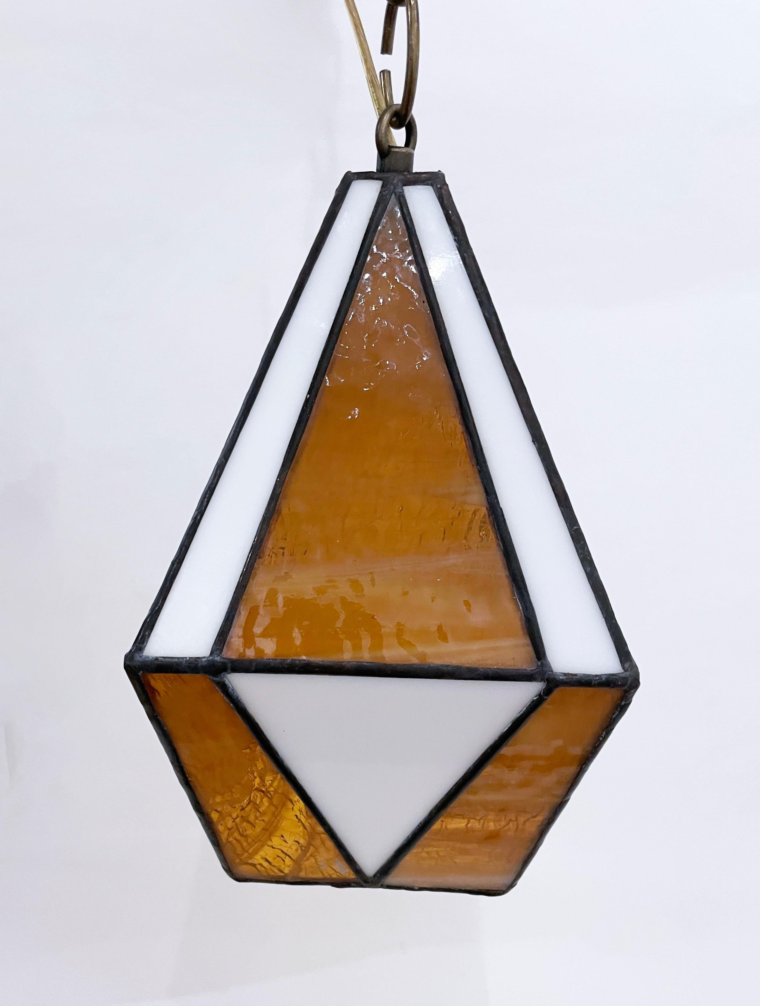 Handcrafted stained glass ceiling lamp with brass hardware, decorators chain and 8ft wall plug with toggle switch. Gold streaky and white ring mottled glass. Ready to hang.  Multiples available but each one is slightly unique by the hand made