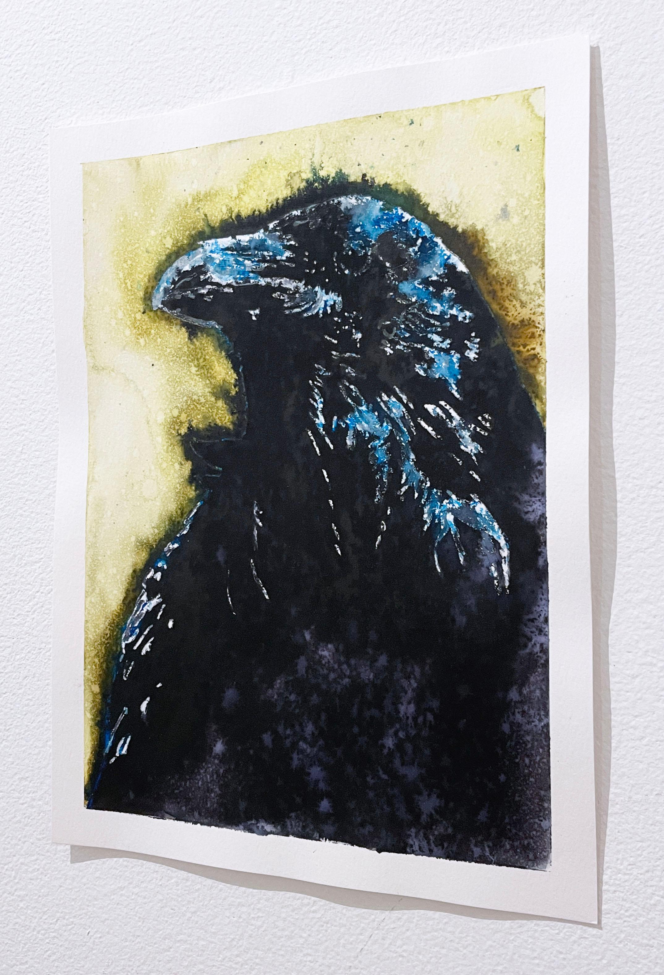 Aquarell und Salz auf Kaltpresspapier
Schwarze Krähe Porträt mit blauen Highlights auf goldgelben Hintergrund
Vom Künstler handsigniert
Einrahmung verfügbar
Echtheitszertifikat auf Anfrage erhältlich