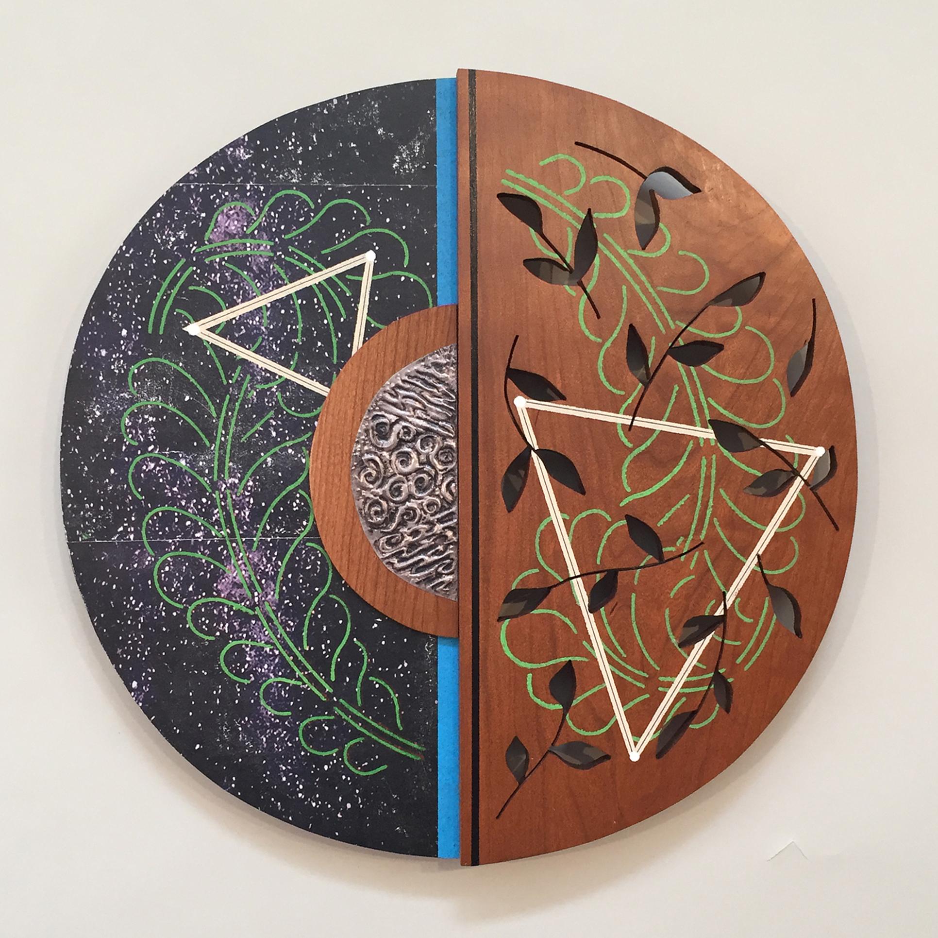 Charlotte Lees
Earth Series III
16x16x1"
Cherry Wood, Paint, Metal
$1200

Charlotte Lees, an artist who creates contemporary images that often reference a connection to the environment. The blending of man and nature imparts a more meaningful