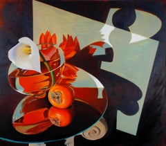  “ Persimmons & Calla “,  Oil on Canvas, 56 x 64”. still life $ 8, 500.00