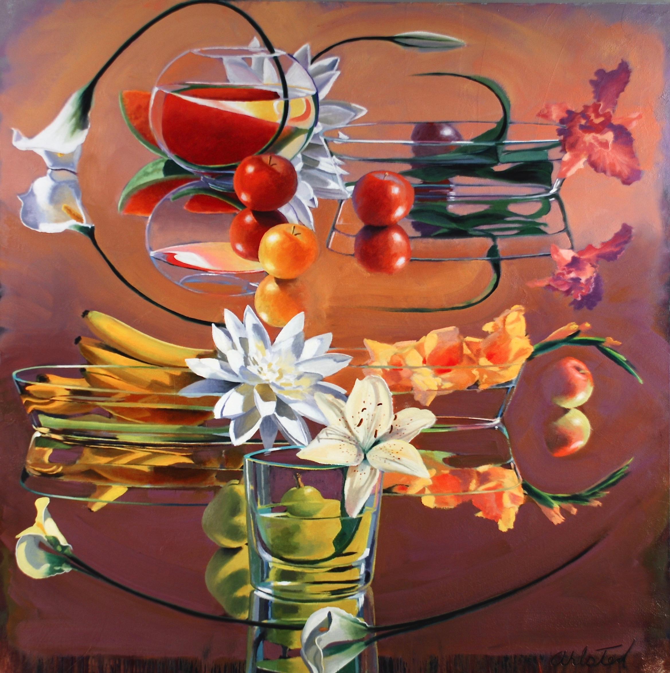 David Ahlsted
“ Fruit & Flowers “, Oil on Canvas, 60 x 60”, Retail Price $ 8,000.00

David Ahlsted is an American artist known for his paintings of the Jersey Shore, industrial landscapes, and large scale still-life works. His work is described as