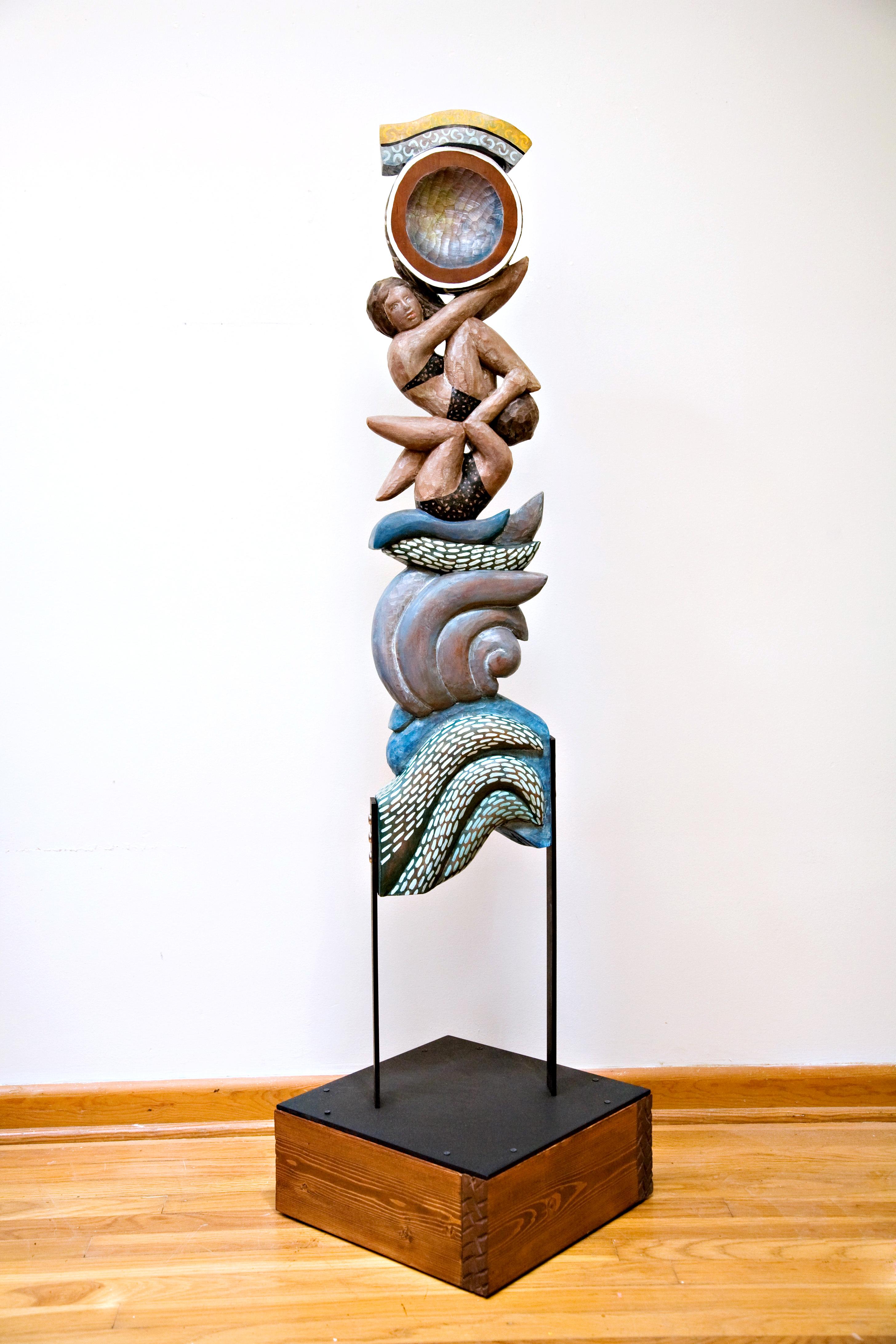  "SEA" 57x20x20" (figures 40x9x3")  Sculpture Cherry Wood, Paint, Me - Mixed Media Art by Charlotte Lees