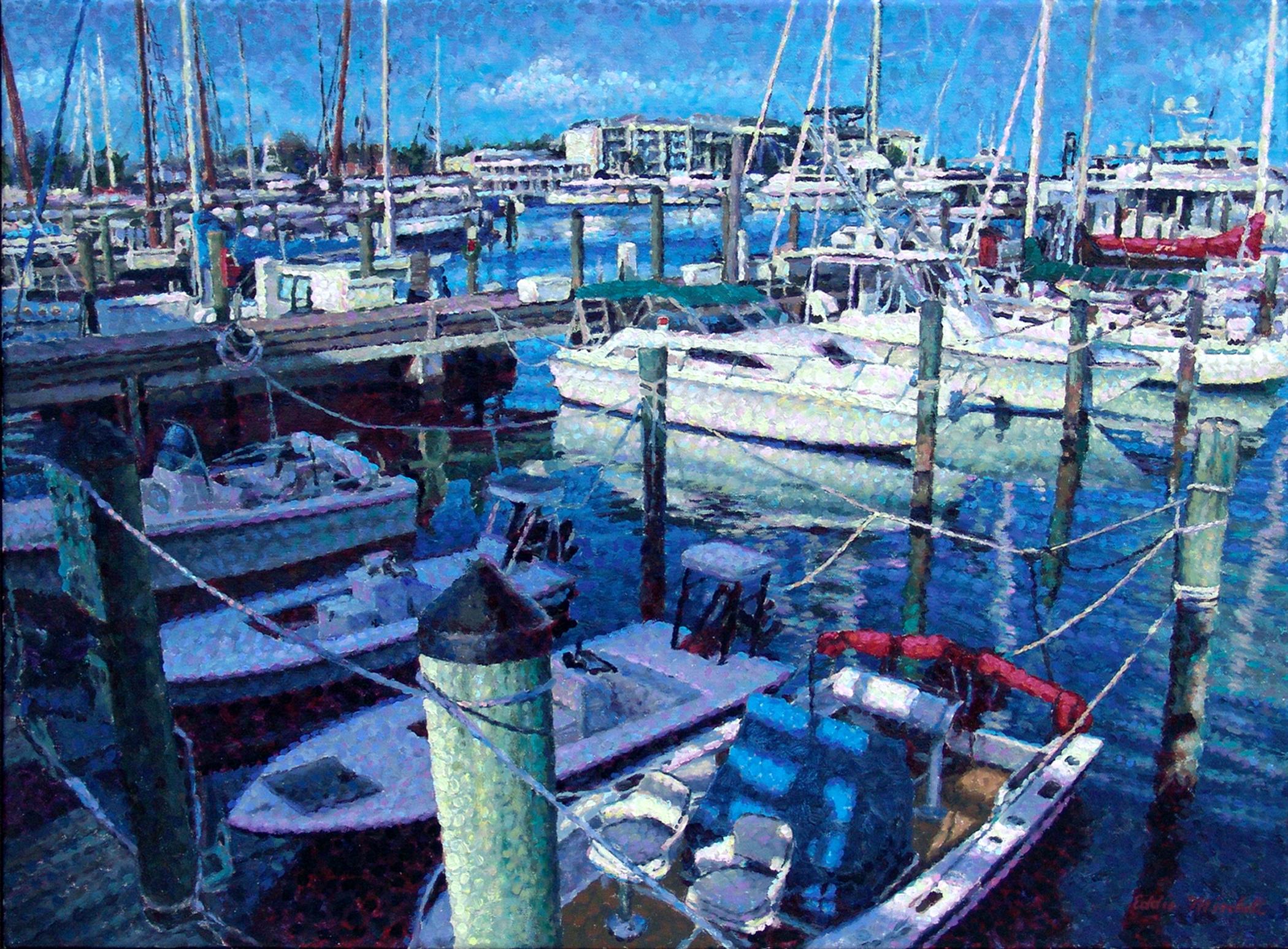 "A Bedazzling Blue Bliss"   Key West Marina Boats 18" x 24" oil on canvas  - Art by Eddie Mitchell